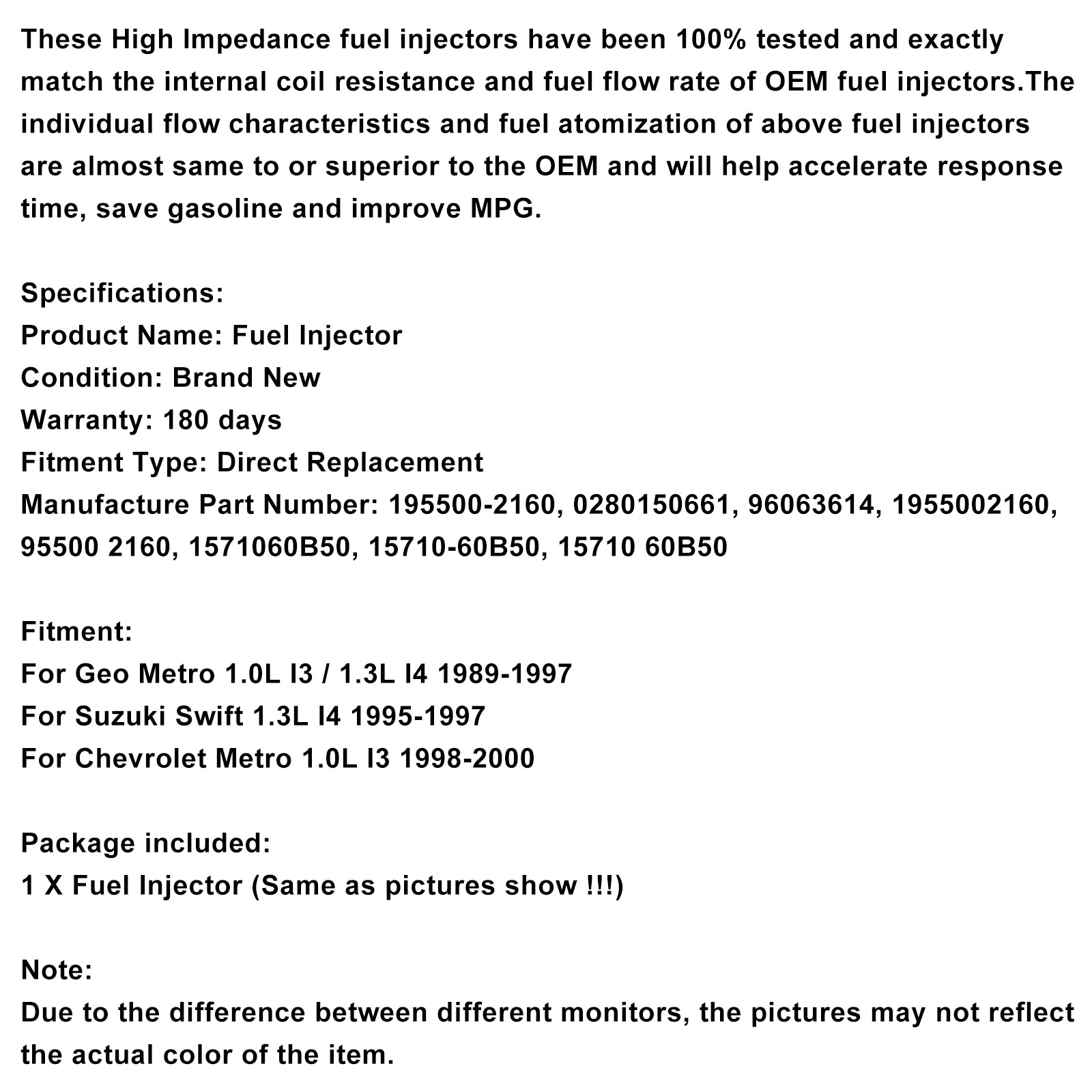 1PCS Brandstofinjector 0280150661 Fit Geo Metro Fit Suzuki Swift 1.0L 195500-2160