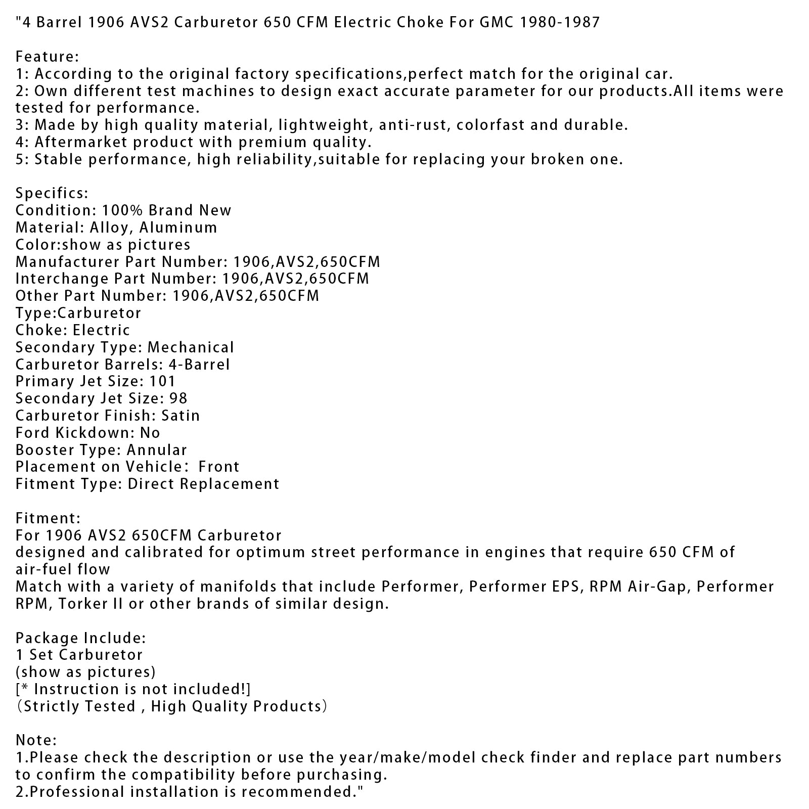 1980-1987 GMC 4 Barrel 1906 AVS2 Carburetor 650 CFM Electric Choke