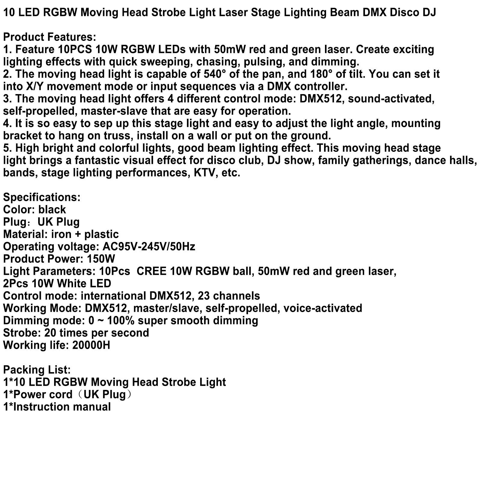 10 RGBW LED-podiumverlichting Moving Head Stroboscooplicht Laserstraal DMX Disco DJ