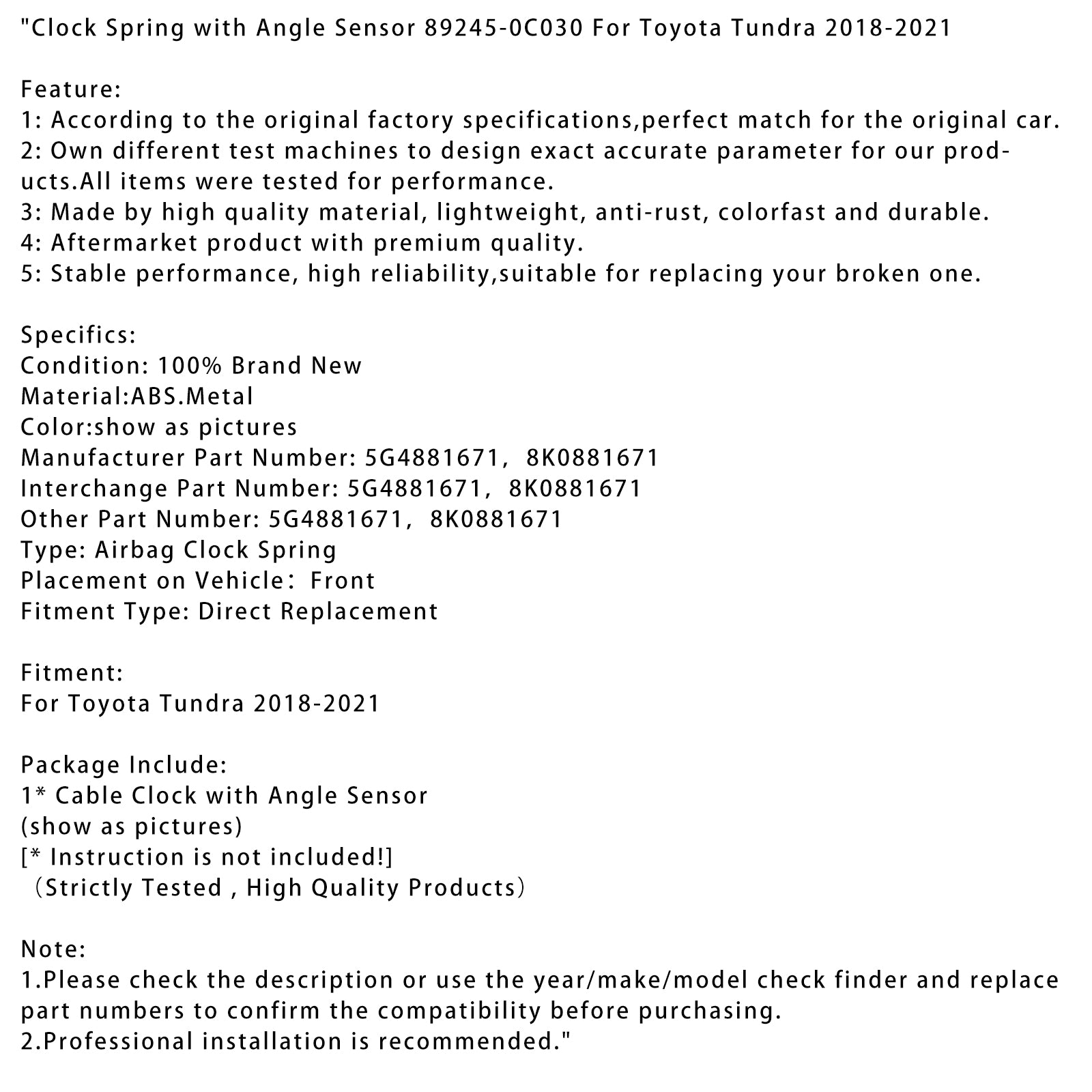 2018-2021 Toyota Tundra Clock Spring with Angle Sensor 89245-0C030 5G4881671 8K0881671