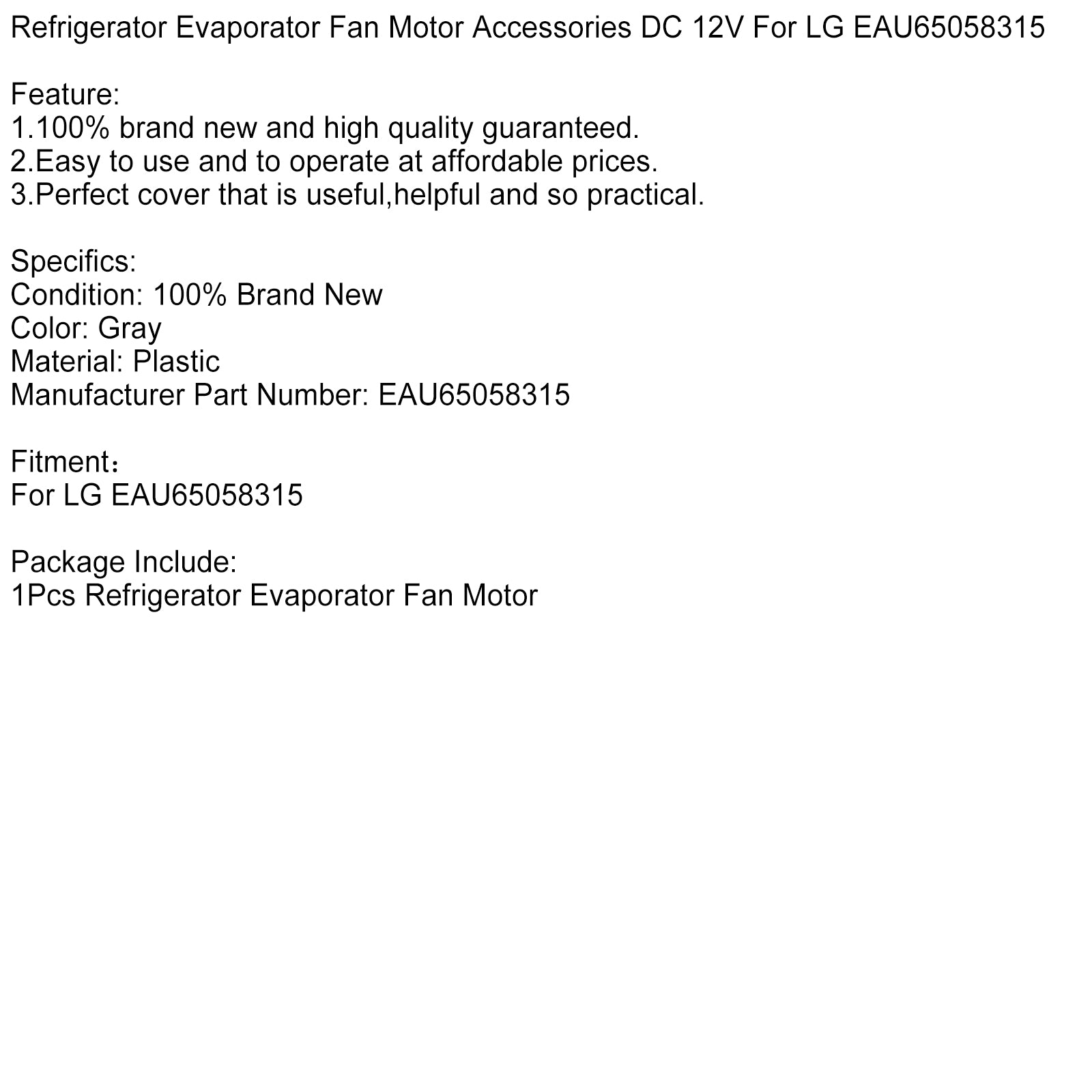 Kjøleskap fordamper viftemotortilbehør DC 12V for LG EAU65058315