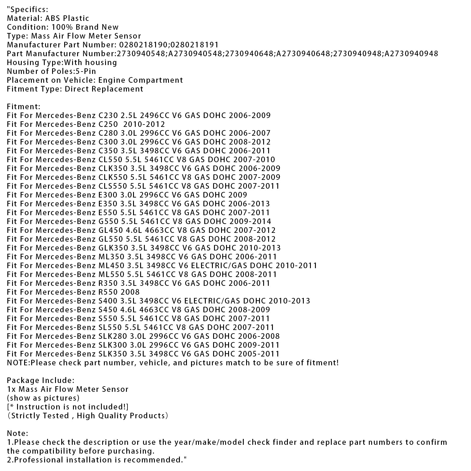 Luchtmassameter Sensor Voor Mercedes-Benz E350 C300 ML350 0280218190