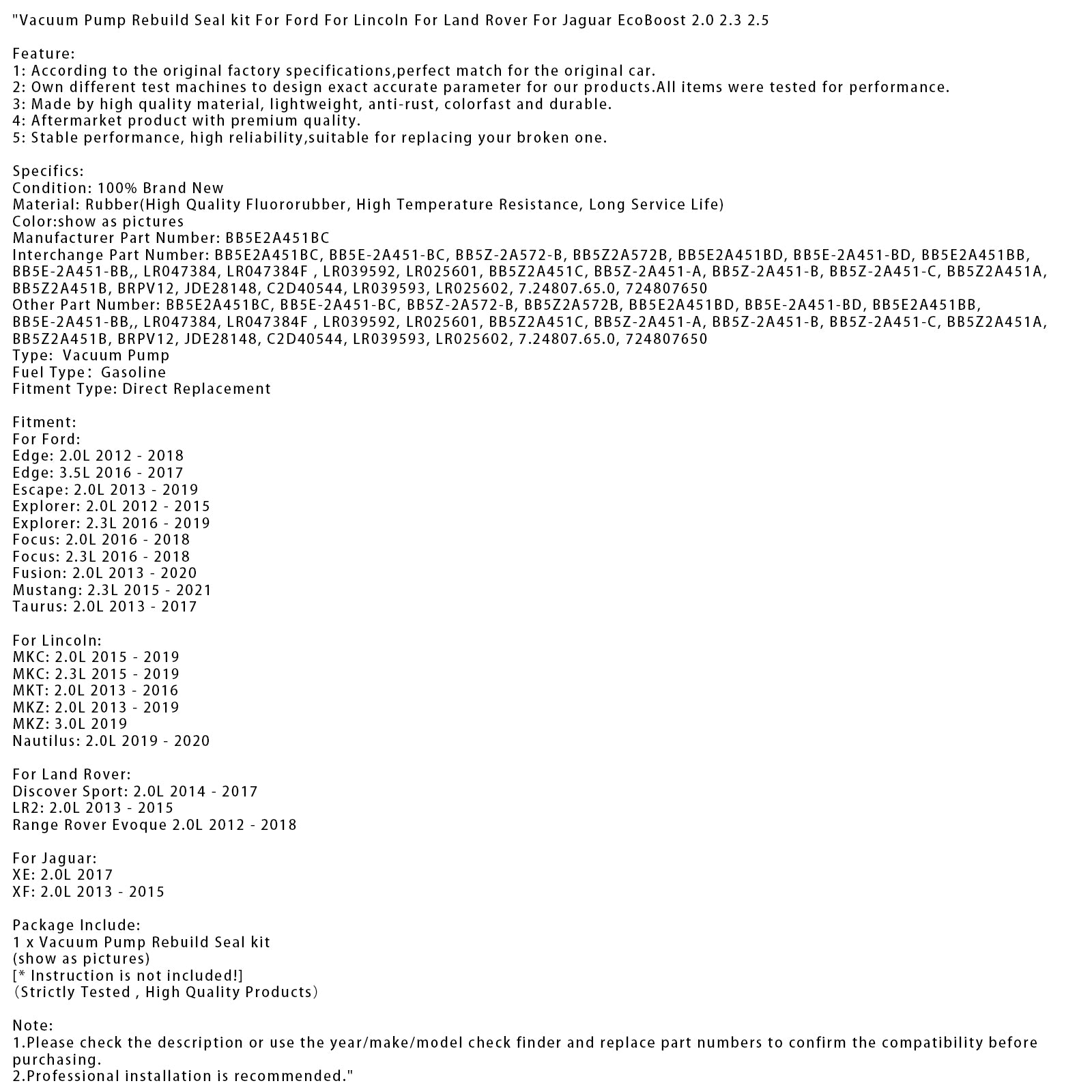 Pompe à vide Kit de reconstruction de la pompe pour Ford Lincoln pour Land Rover pour Jaguar EcoBoost