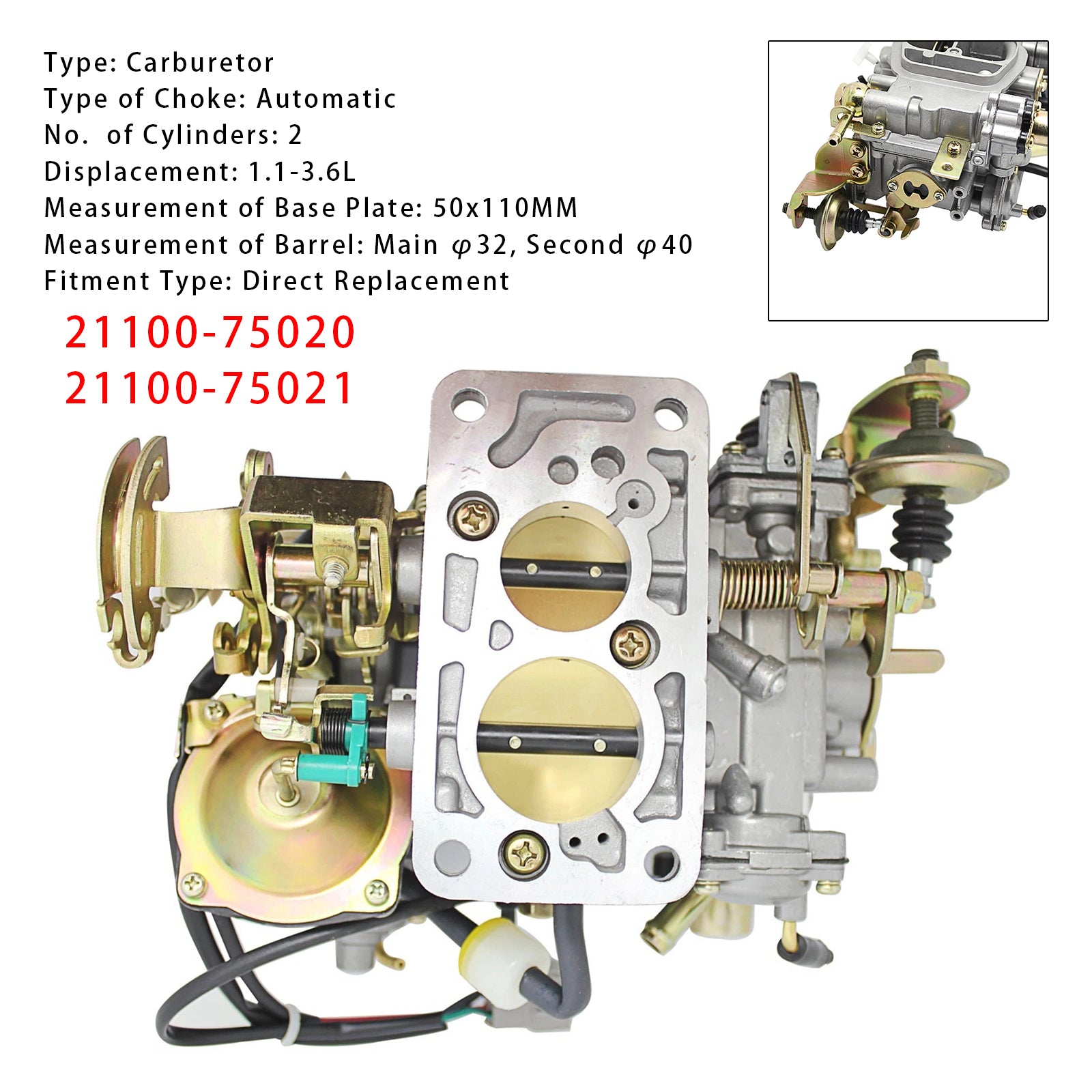 1993-1998 Toyota 1RZ 4Y Hiace 2 Cyl Carb Carburetor 21100-75020 21100-75021