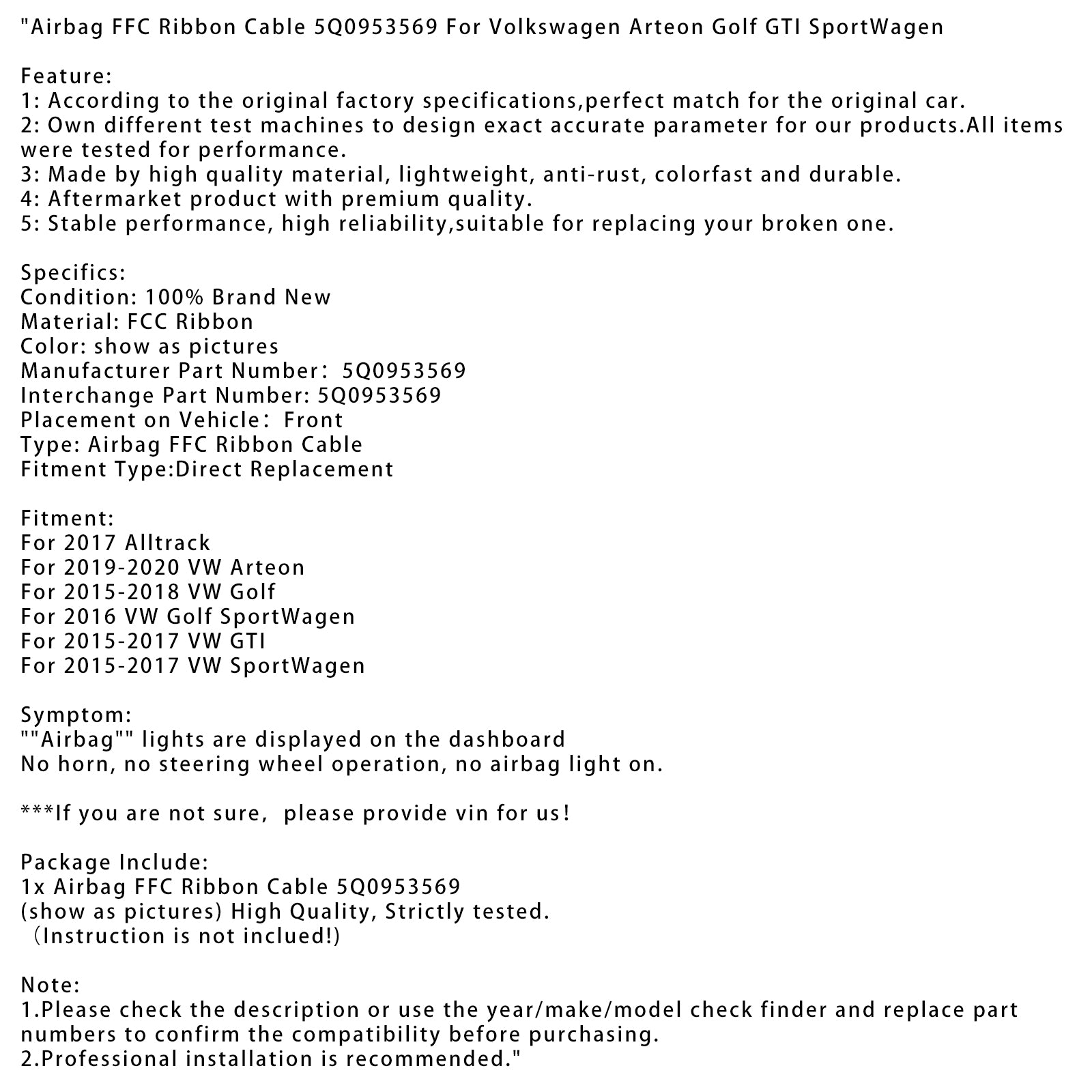 Airbag FFC Ribbon Cable 5Q0953569 For Volkswagen Arteon Golf GTI SportWagen