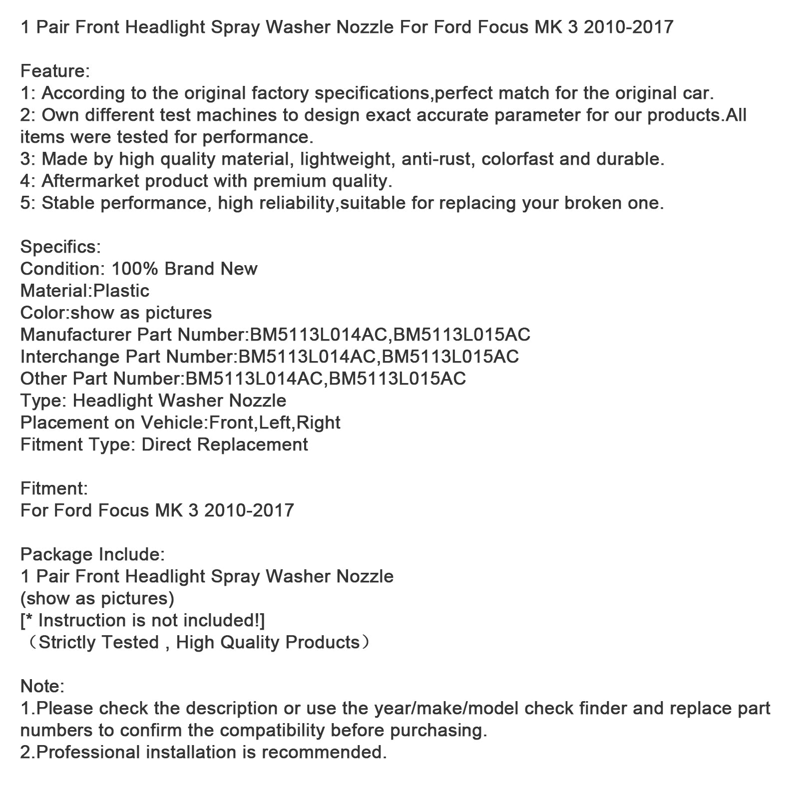 1 Pair Front Headlight Spray Washer Nozzle For Ford Focus MK 3 2010-2017