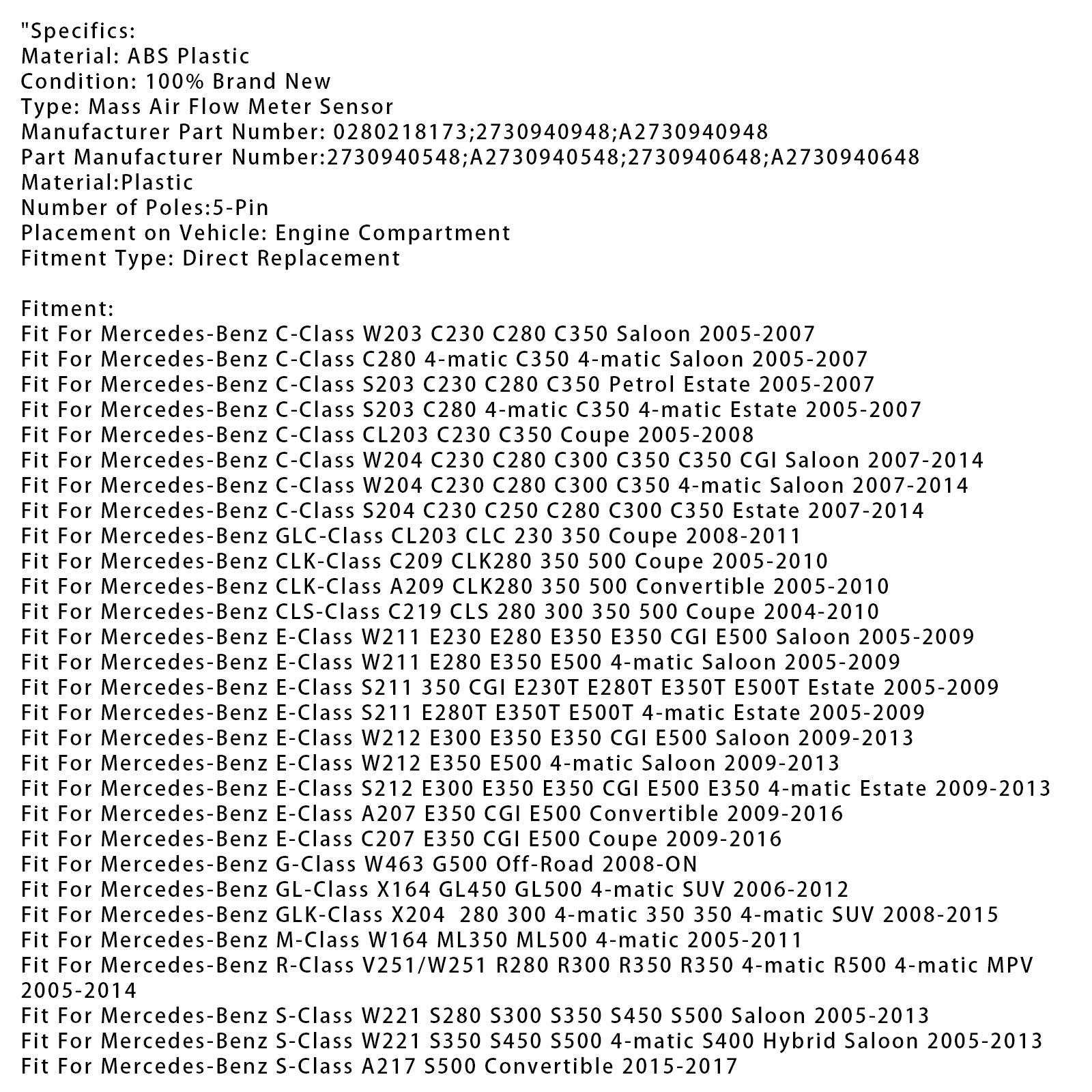 Luchtmassameter Sensor Voor Mercedes-Benz E350 C280 C350 ML350 0280218173