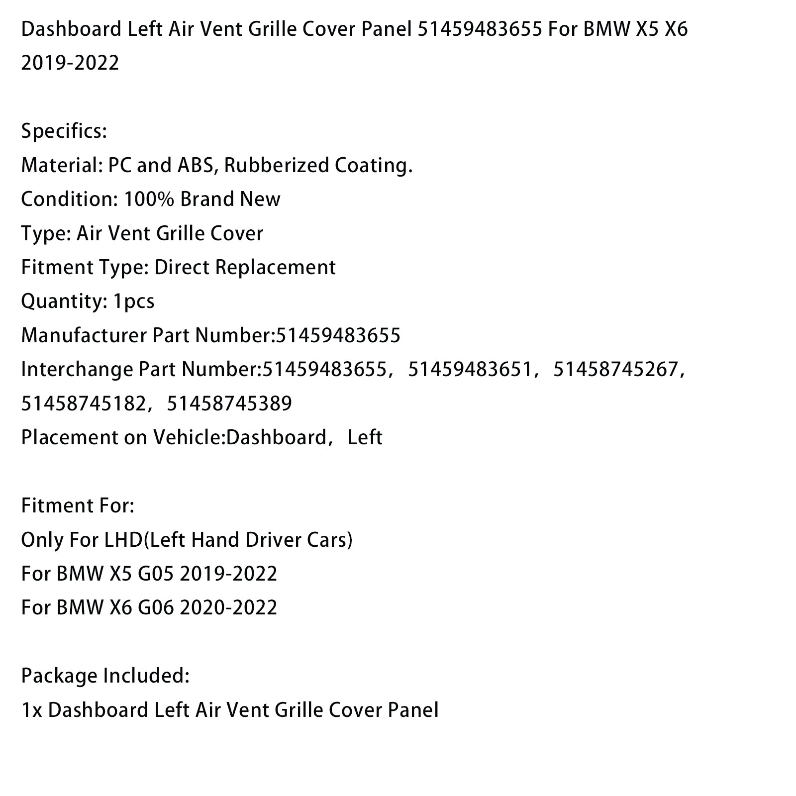 Dashboard Left Air Vent Grille Cover Panel 51459483655 For BMW X5 X6 2019-2022