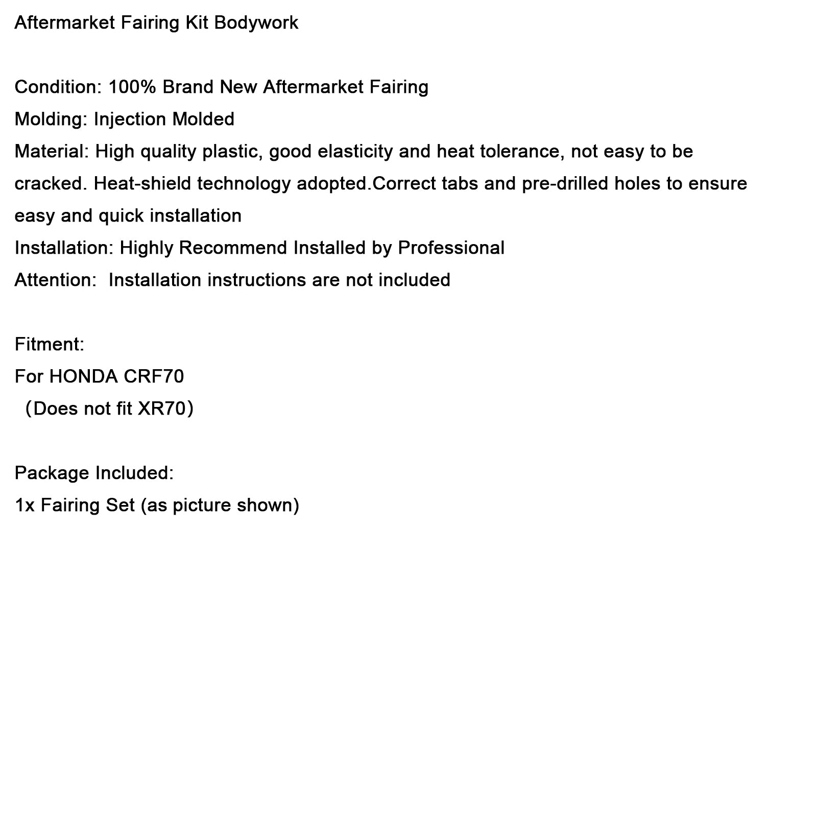 Honda CRF70 Dirt Bike Body Plastic Kit Fender Fairing