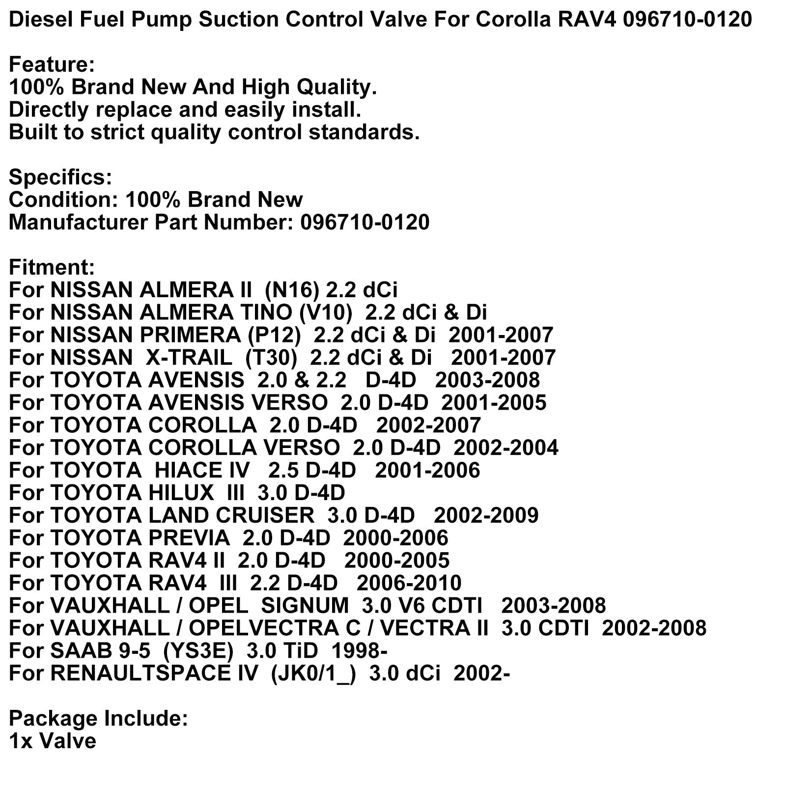 2002-2009 TOYOTA LAND CRUISER 3.0 D-4D Pompe à carburant diesel Soupape de commande d'aspiration 096710-0120