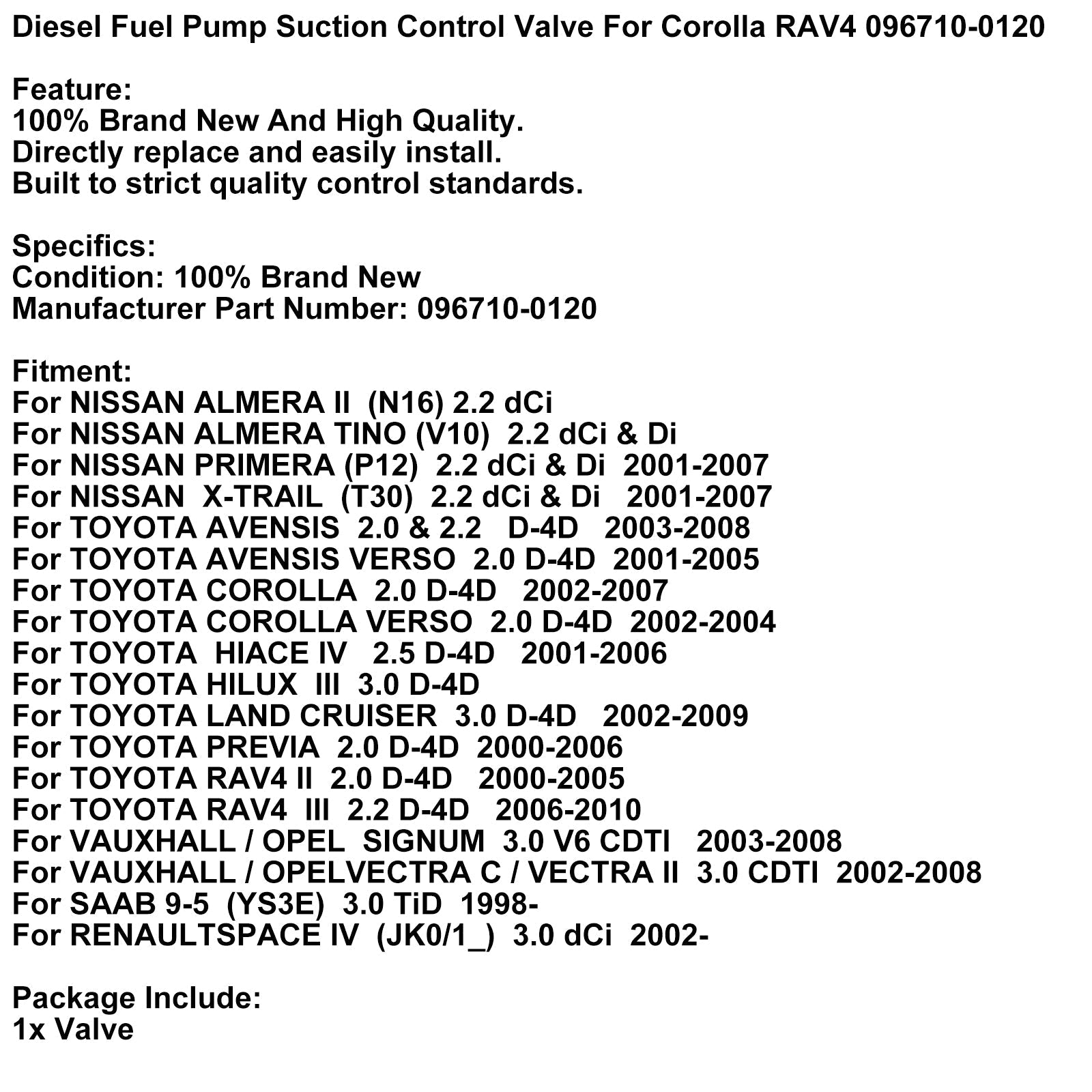 NISSAN ALMERA TINO (V10) 2.2 dCi & Di Dieselbrandstofpomp Zuigregelklep 096710-0120