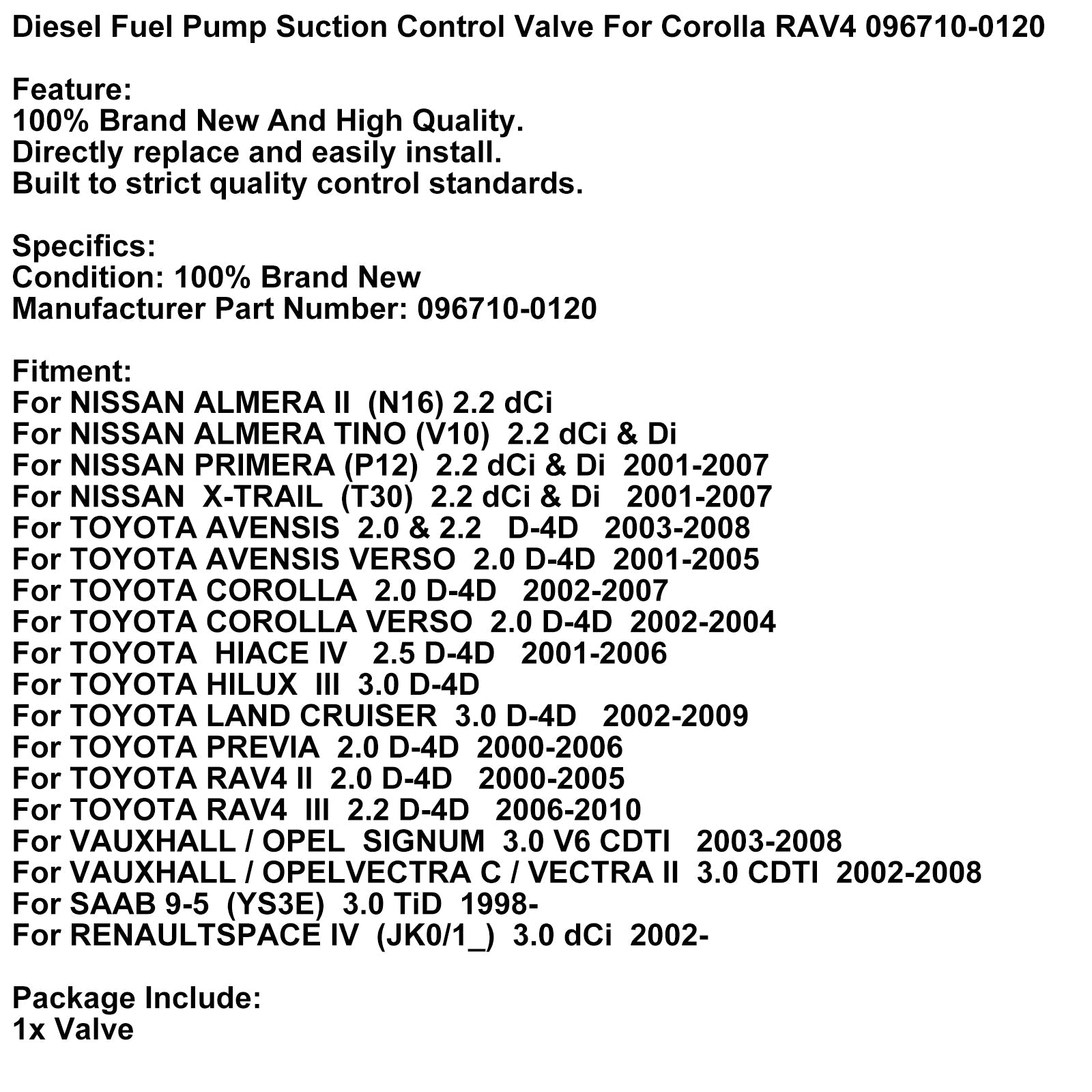 NISSAN ALMERA II (N16) 2.2 dCi Diesel Fuel Pump Suction Control Valve 096710-0120