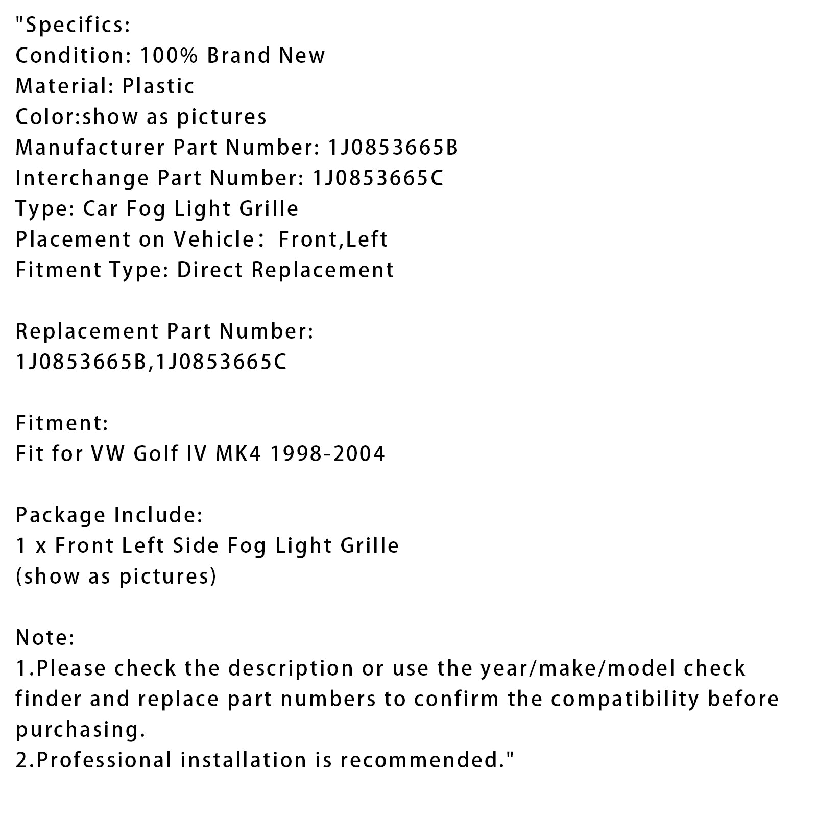 1998-2004 VW Golf IV MK4 Front Left Side Bumper Grille Fog Light Grill