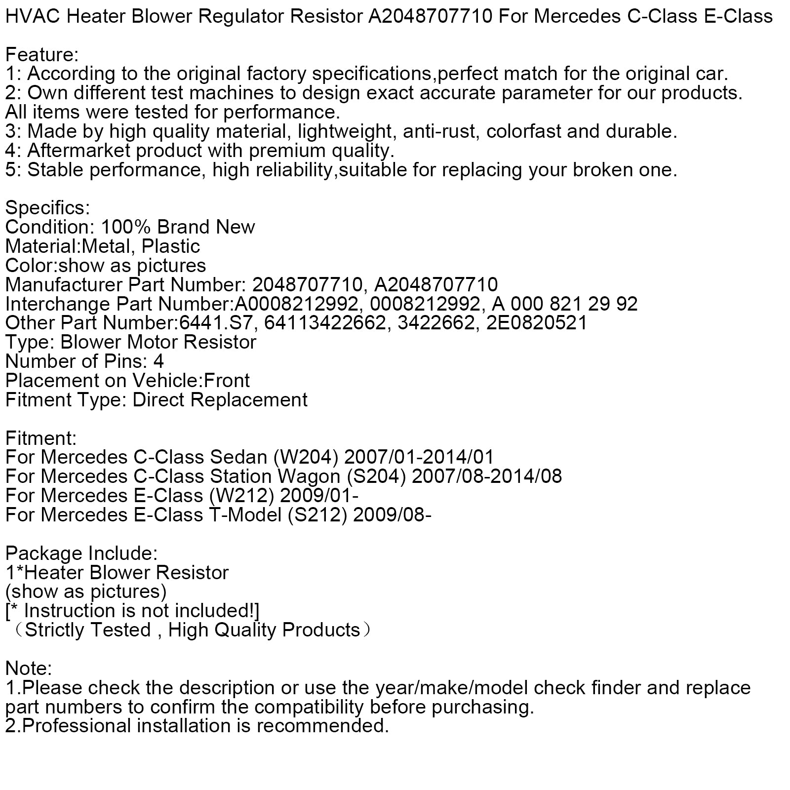 HVAC Heater Blower Regulator Resistor A2048707710 For Mercedes C-Class E-Class