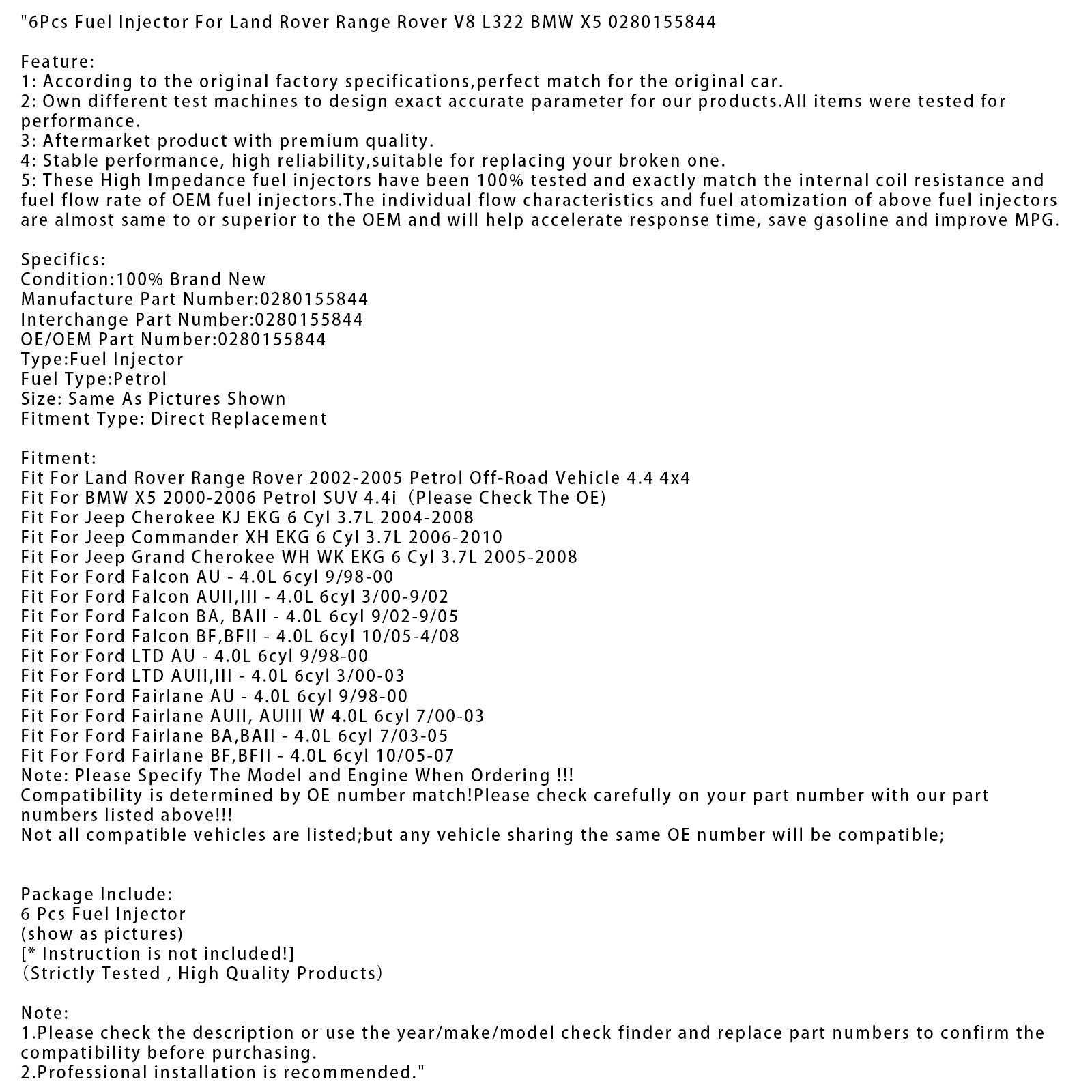 6Pcs Fuel Injector For Ford Falcon AU 4.0L Jeep Cherokee Commander 0280155844