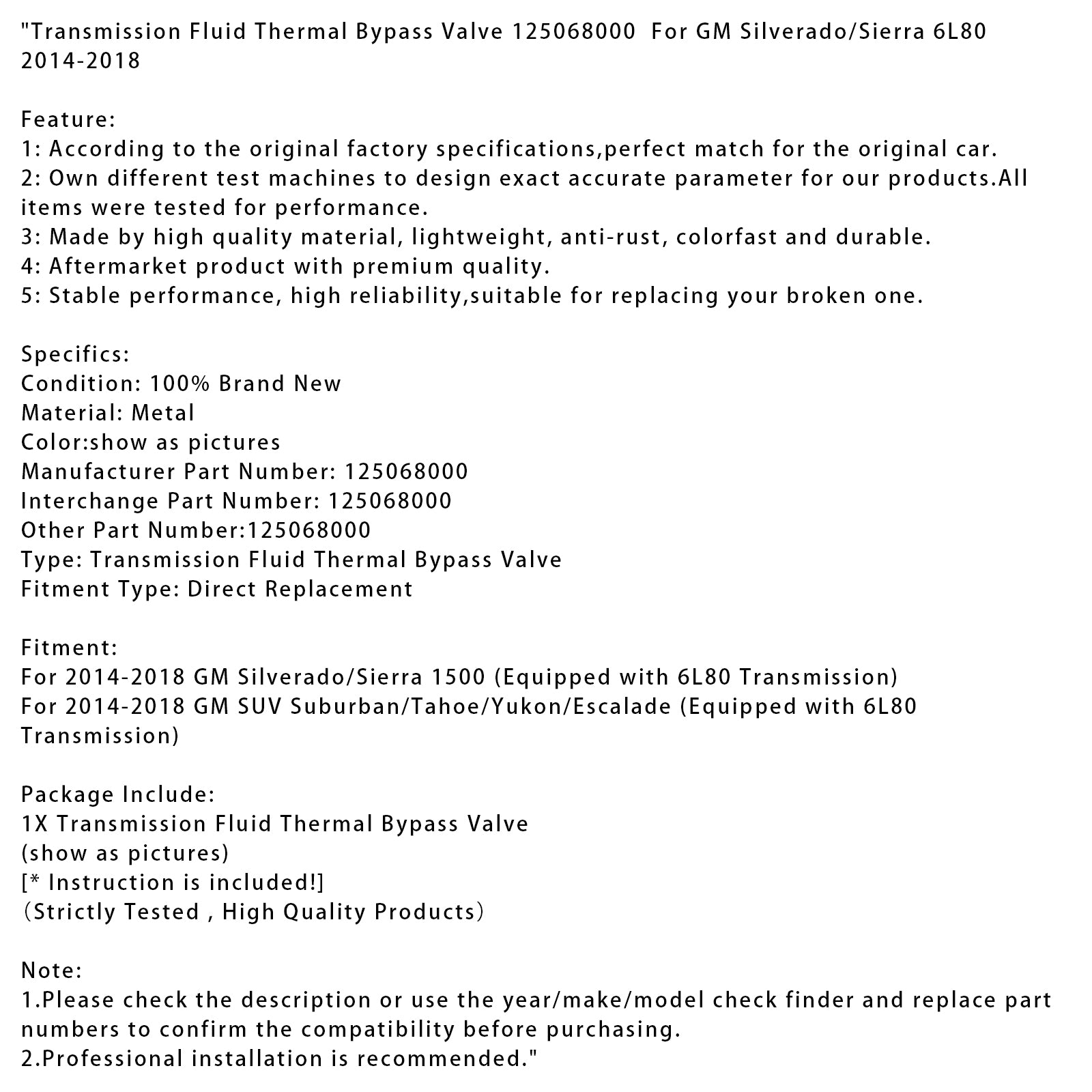 Válvula de desvio térmico do fluido de transmissão para GM Silverado/Sierra 6L80 2014-2018
