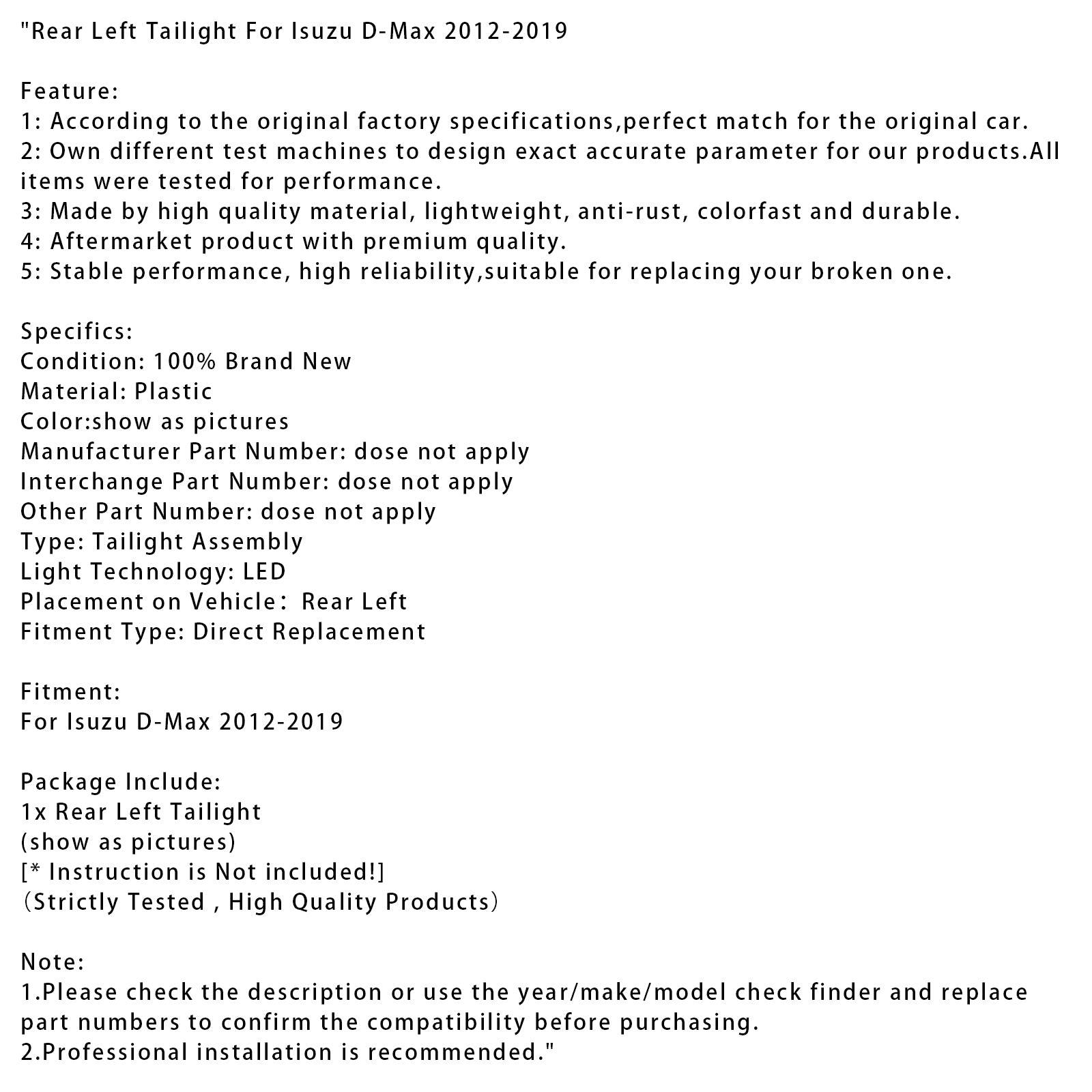 Rear Left Tailight For Isuzu D-Max 2012-2019