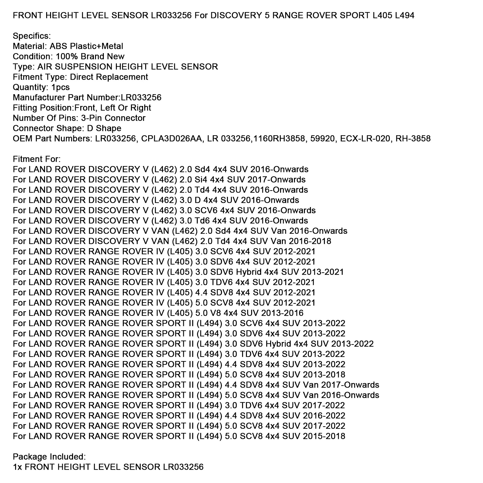 Front Height Level Sensor LR033256 For Discovery 5 Range Rover Sport L405 L494
