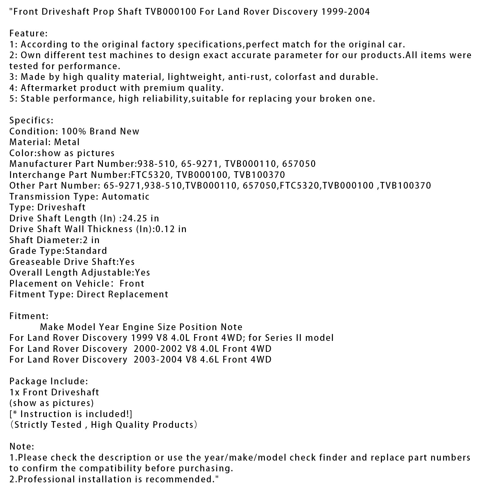 Front Driveshaft Prop Shaft TVB000100 For Land Rover Discovery 1999-2004