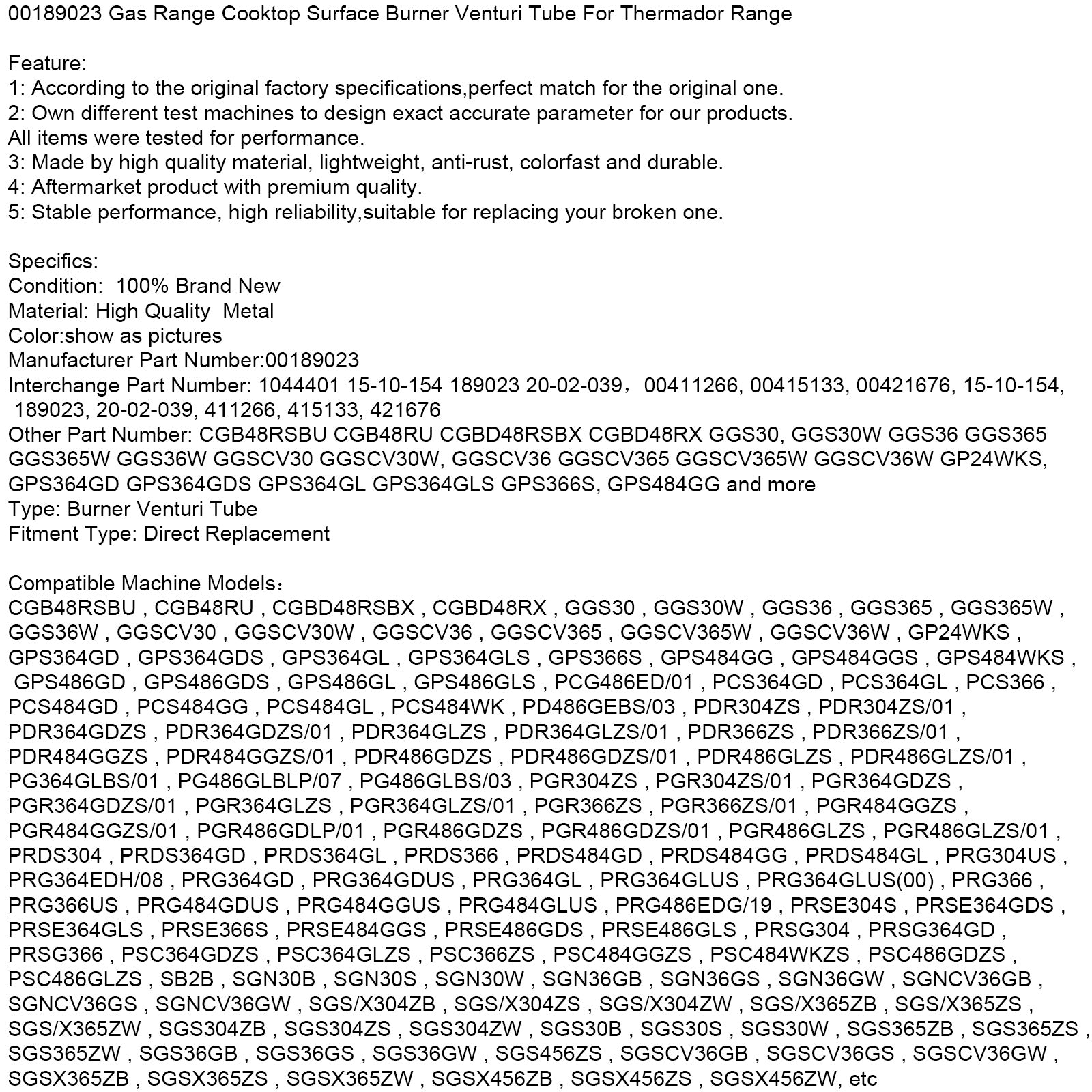 00189023 Gas Range Cooktop Surface Burner Venturi Tube For Thermador Range