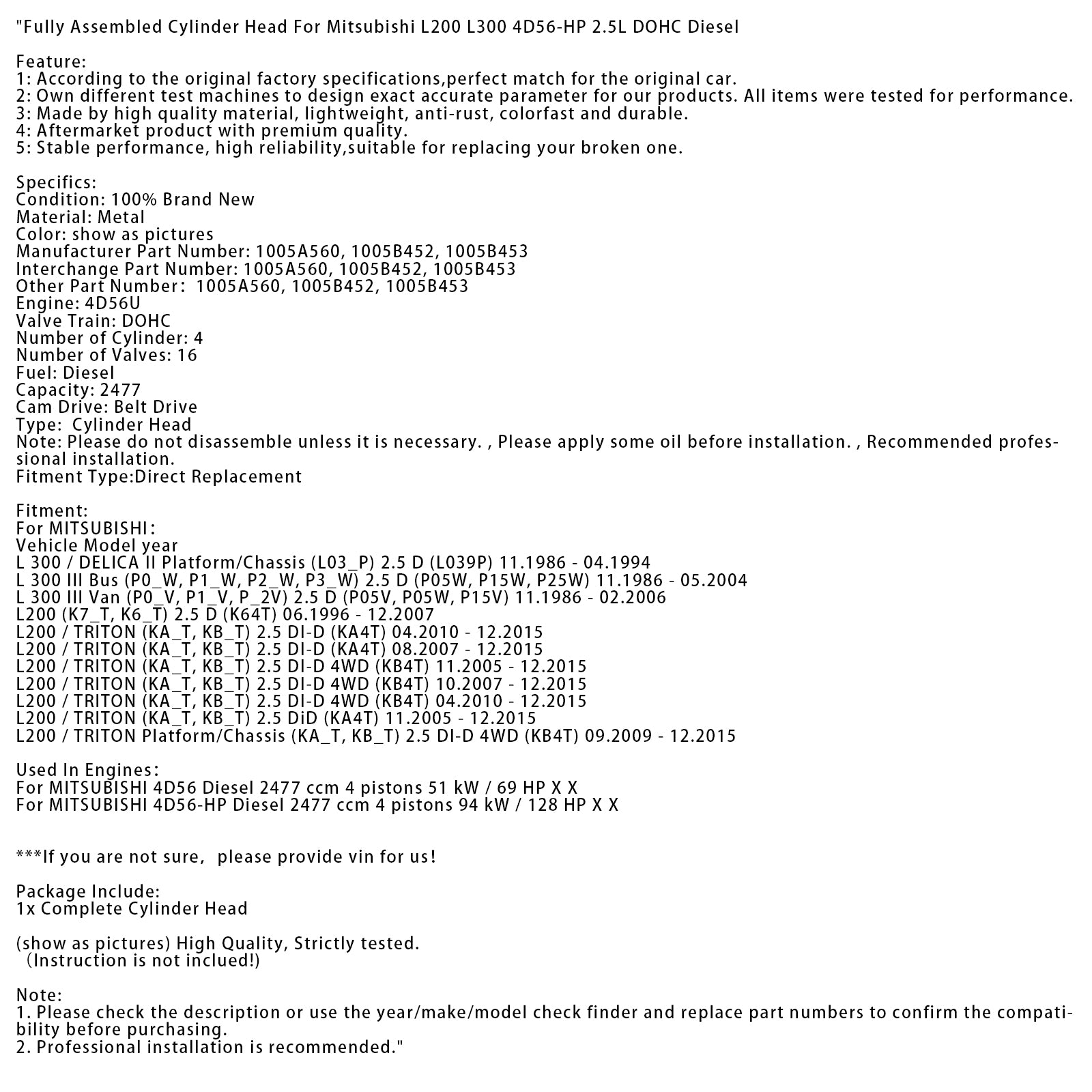Fully Assembled Cylinder Head For Mitsubishi L200 L300 4D56-HP 2.5L DOHC Diesel