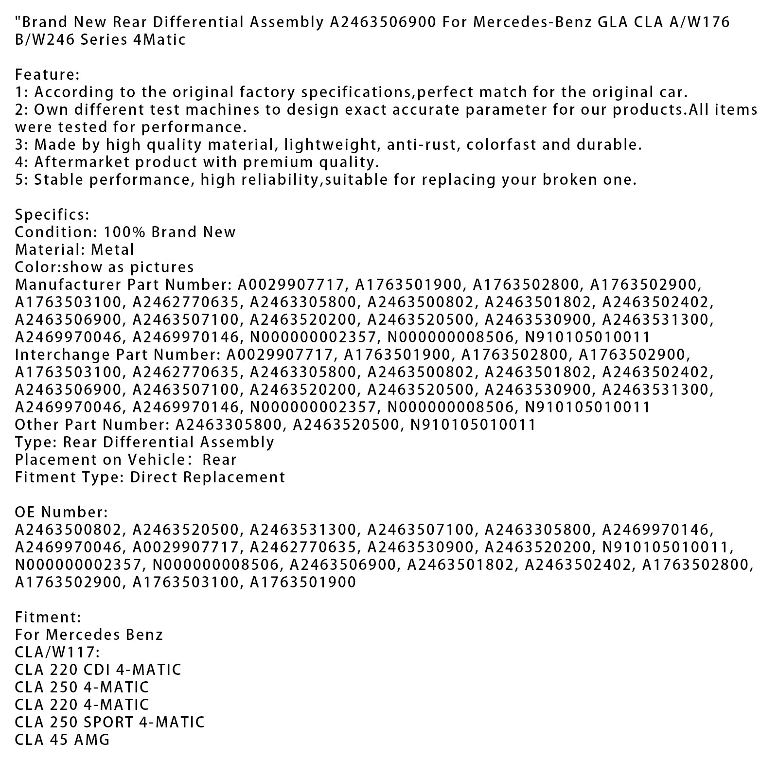 Ny bakre differentialenhet för Mercedes-Benz GLA CLA A/W176 B/W246 Serie