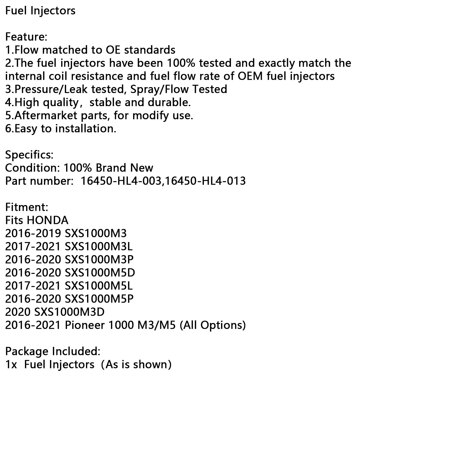 16450-HL4-003 16450-HL4-013 Fuel Injectors For HONDA PIONEER 1000 SXS1000 M3 M5