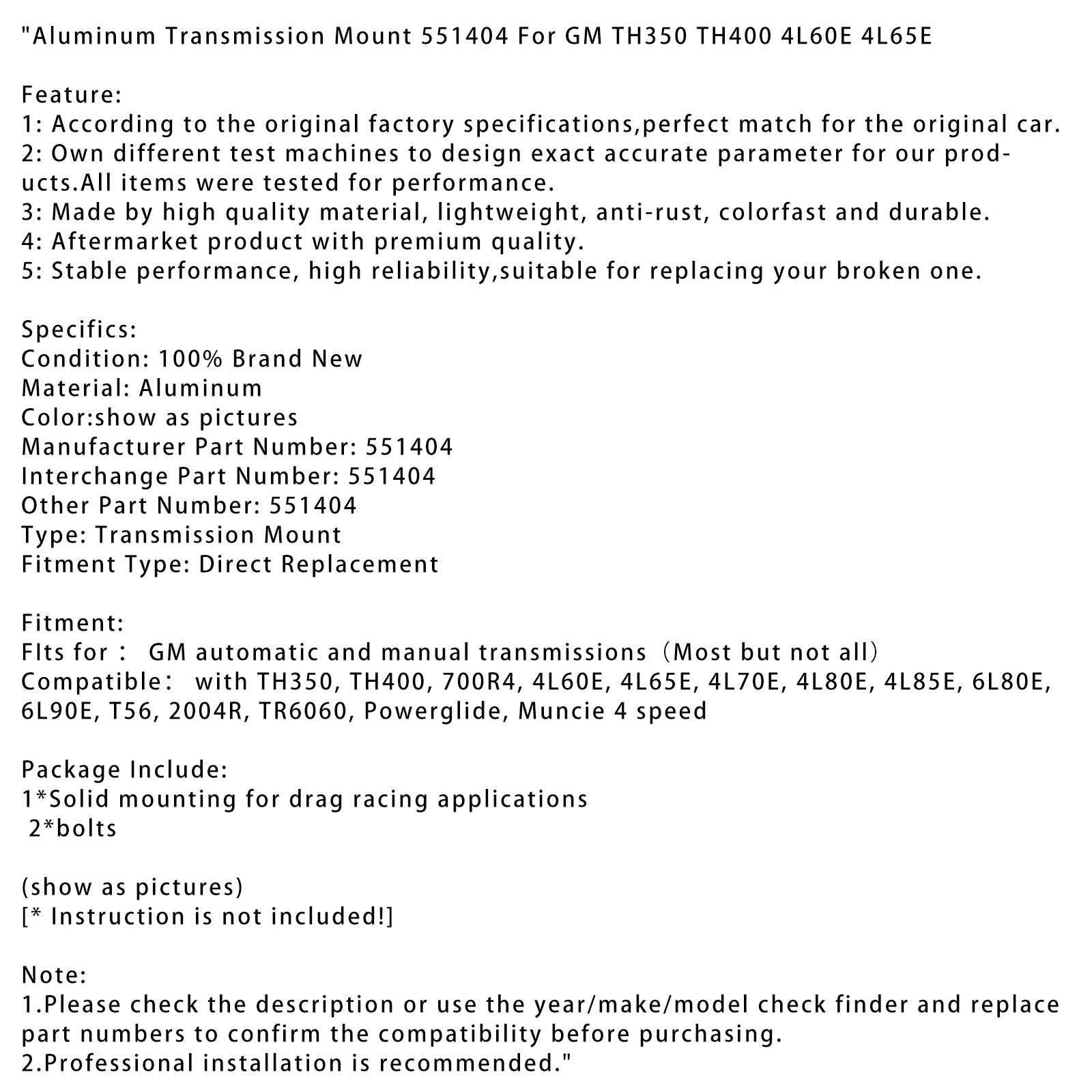 De aluminiumtransmissie zet 551404 op voor GM TH350 TH400 4L60E 4L65E