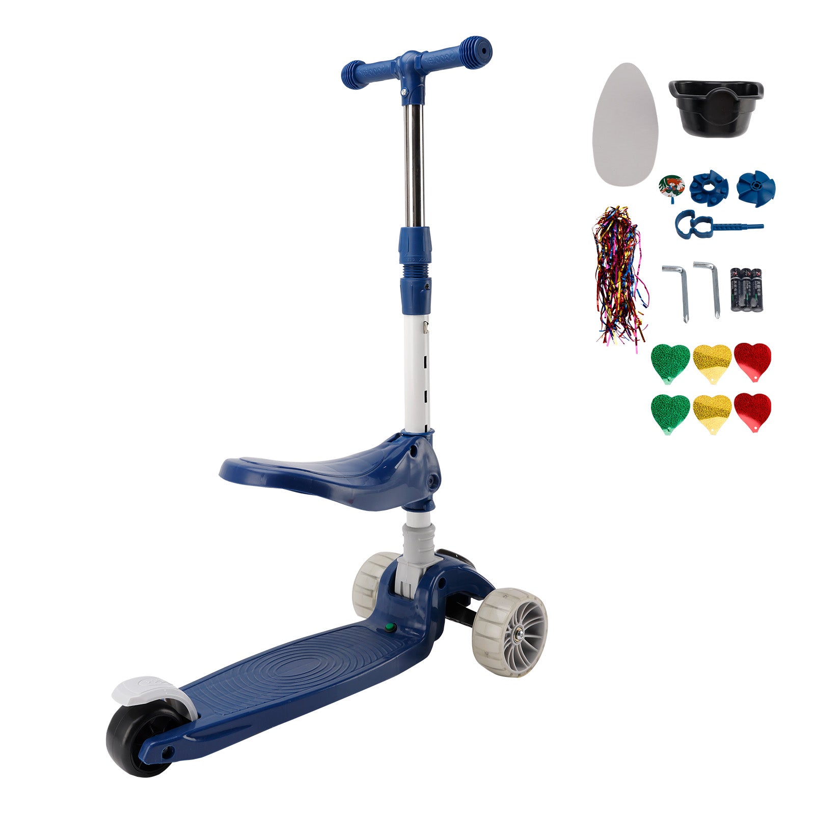 2-in-1 Kids Scooter Foldable Seat Light 3 Wheel Adjustable Folding Bar Blue