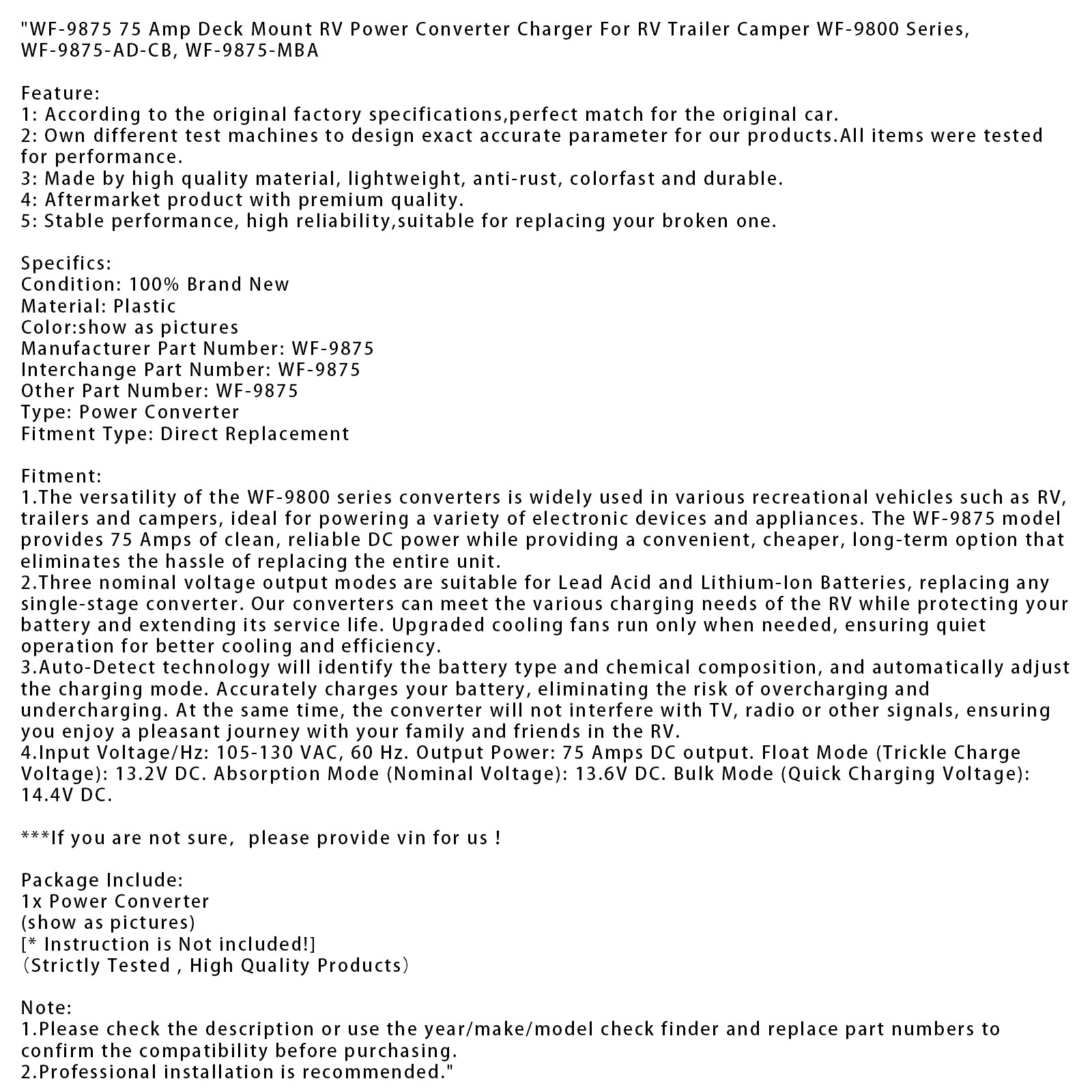 WF-9875 Converter Charger 75 Amp DC Output Deck-Mounted Converter Charger