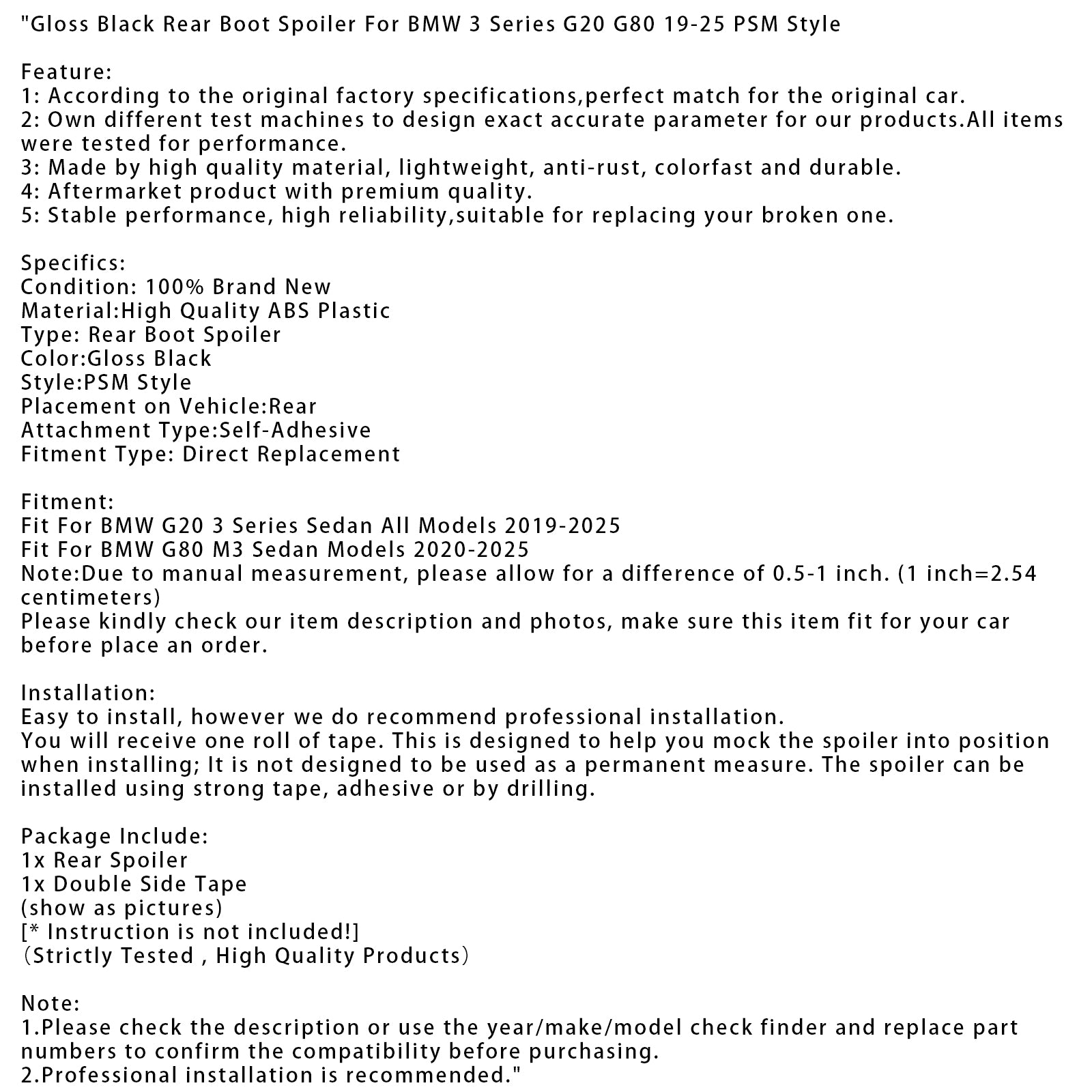 Gloss Black Rear Boot Spoiler For BMW 3 Series G20 G80 19-25 PSM Style