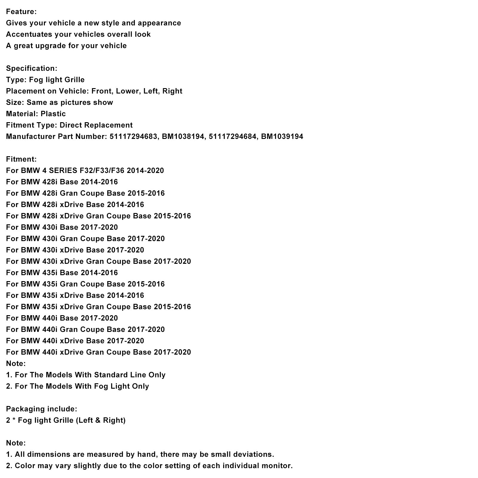 Dimljus Ljus Kåpa Insats Grill Grill Passar BMW 4 SERIES F32 428i 2014-2020