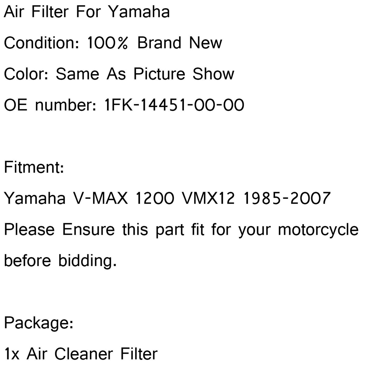 1985-2007 Yamaha Vmax 1200 VMX1200 VMX-12 Air Filter Cleaner 1FK-14451-00-00 Generic