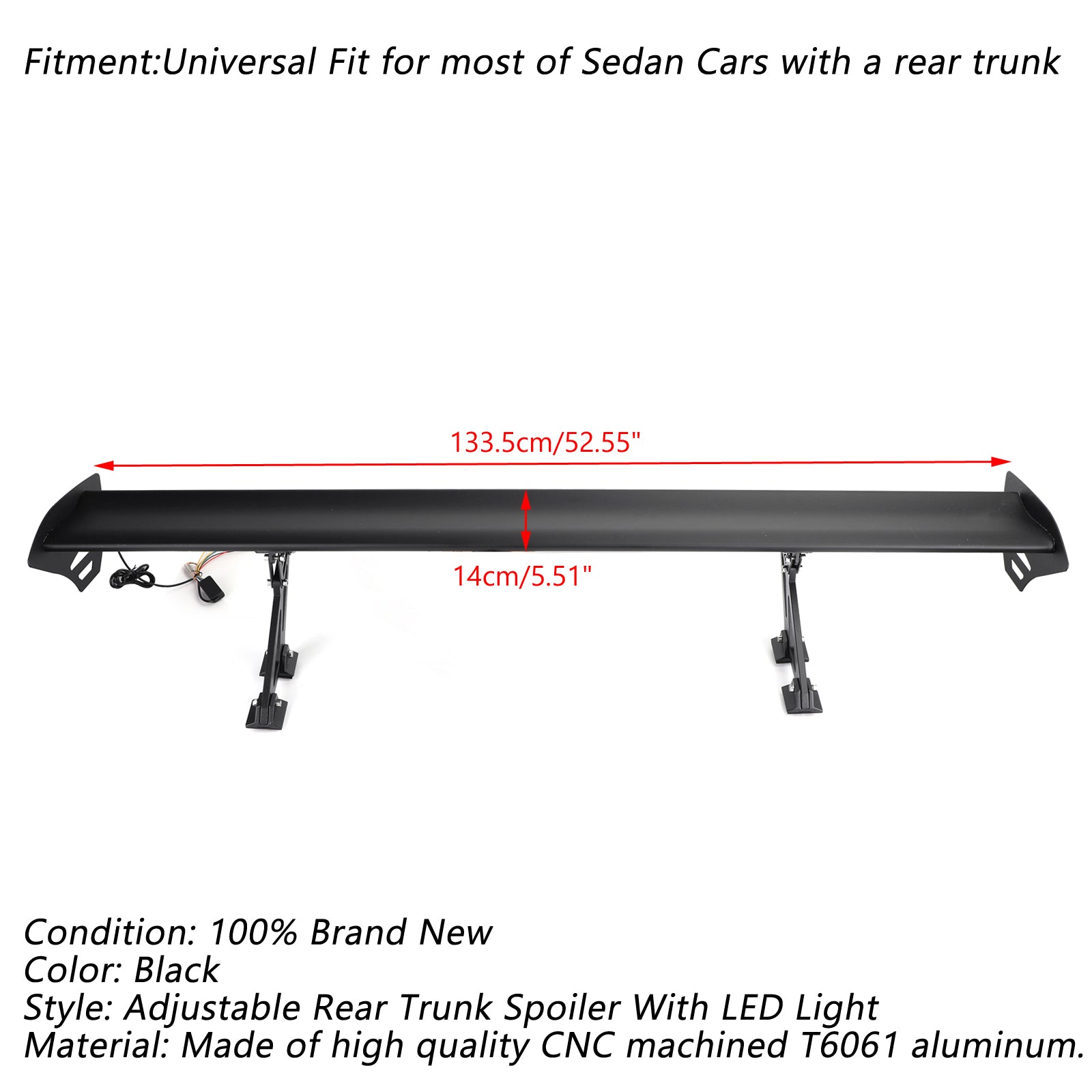 Universal Sedan Adjustable Aluminum Rear Trunk Wing Racing Spoiler W/ LED Light