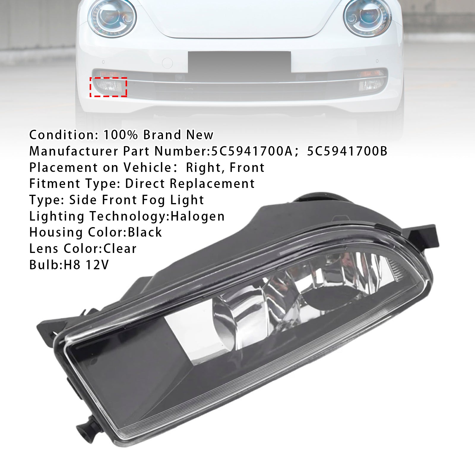 2012-2016 VW Kever 1 stks Voorbumper Rechts Mistlamp Met Lamp 5C5941700A