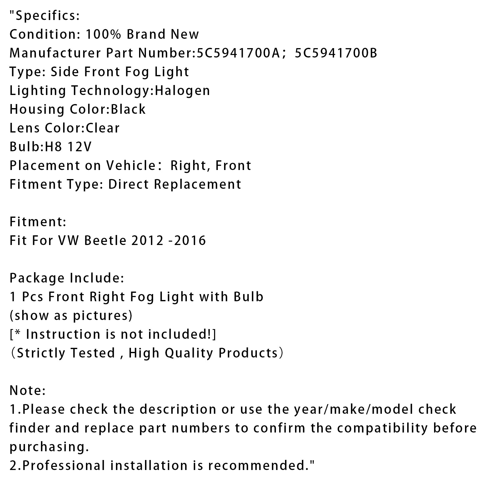 2012-2016 VW Kever 1 stks Voorbumper Rechts Mistlamp Met Lamp 5C5941700A
