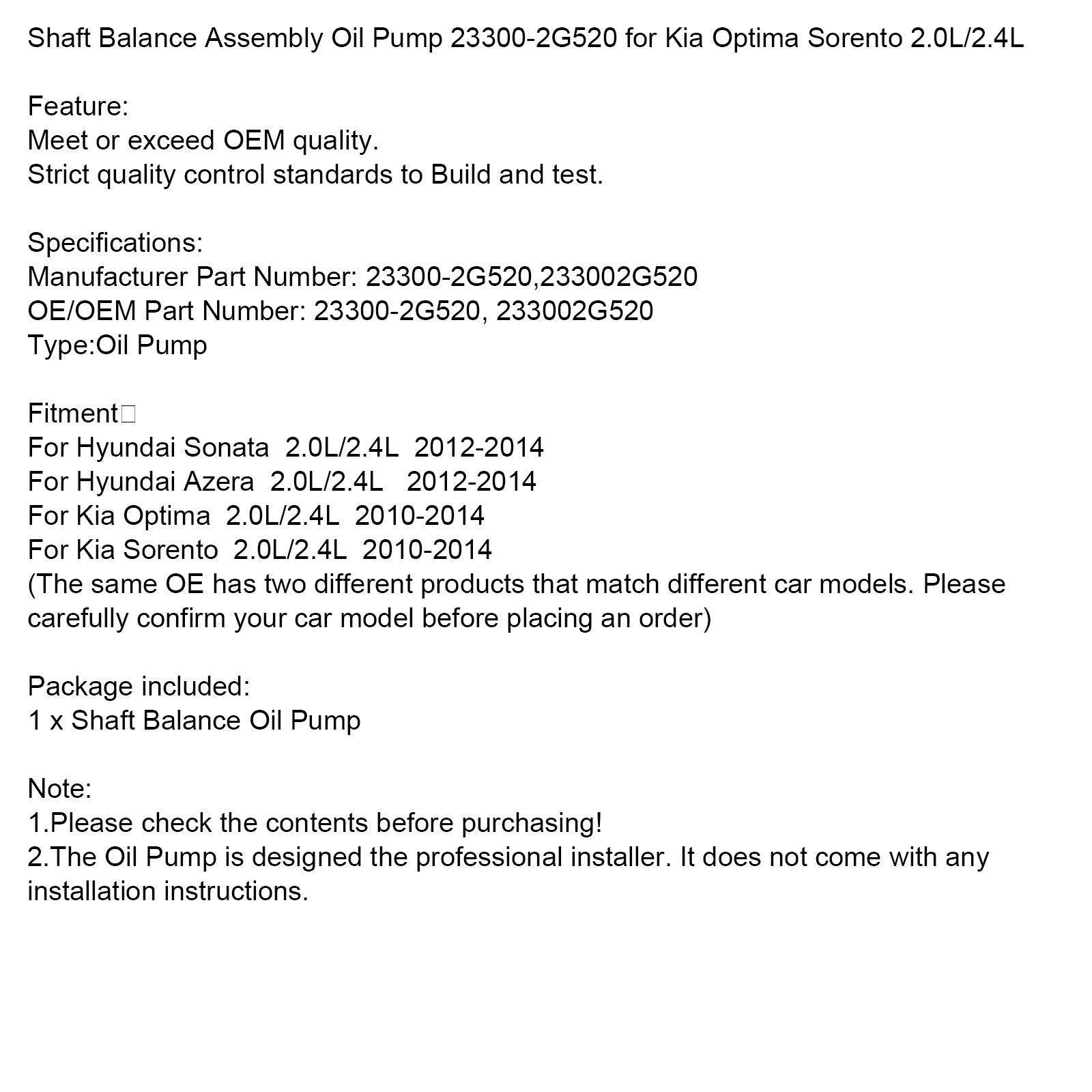 2012-2014 Hyundai Sonata Azera 2.0L/2.4L Shaft Balance Assembly Oil Pump 23300-2G520