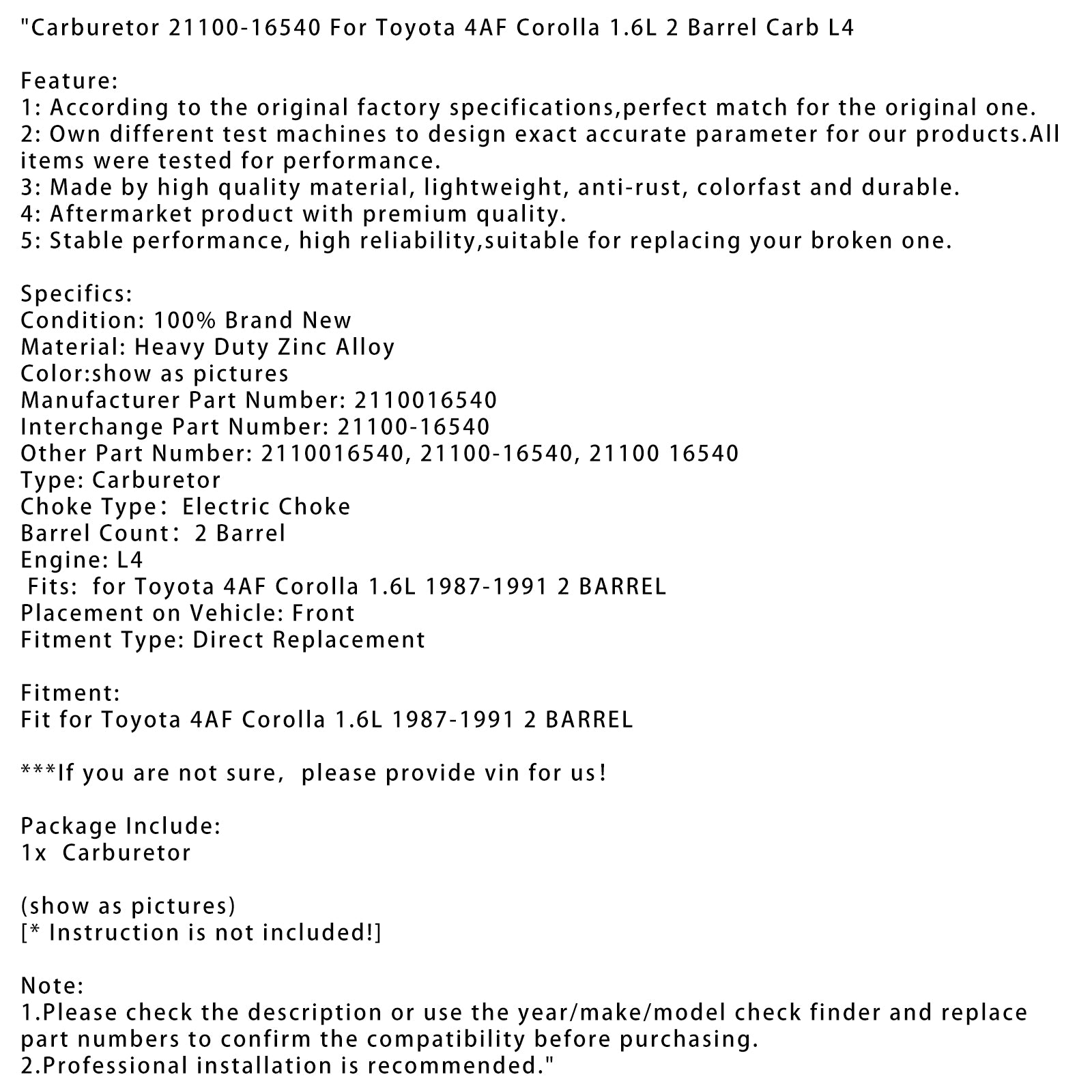 1987-1991 Toyota 4af Corolla 1,6L 2 Barrel Carburetor 21100-16540