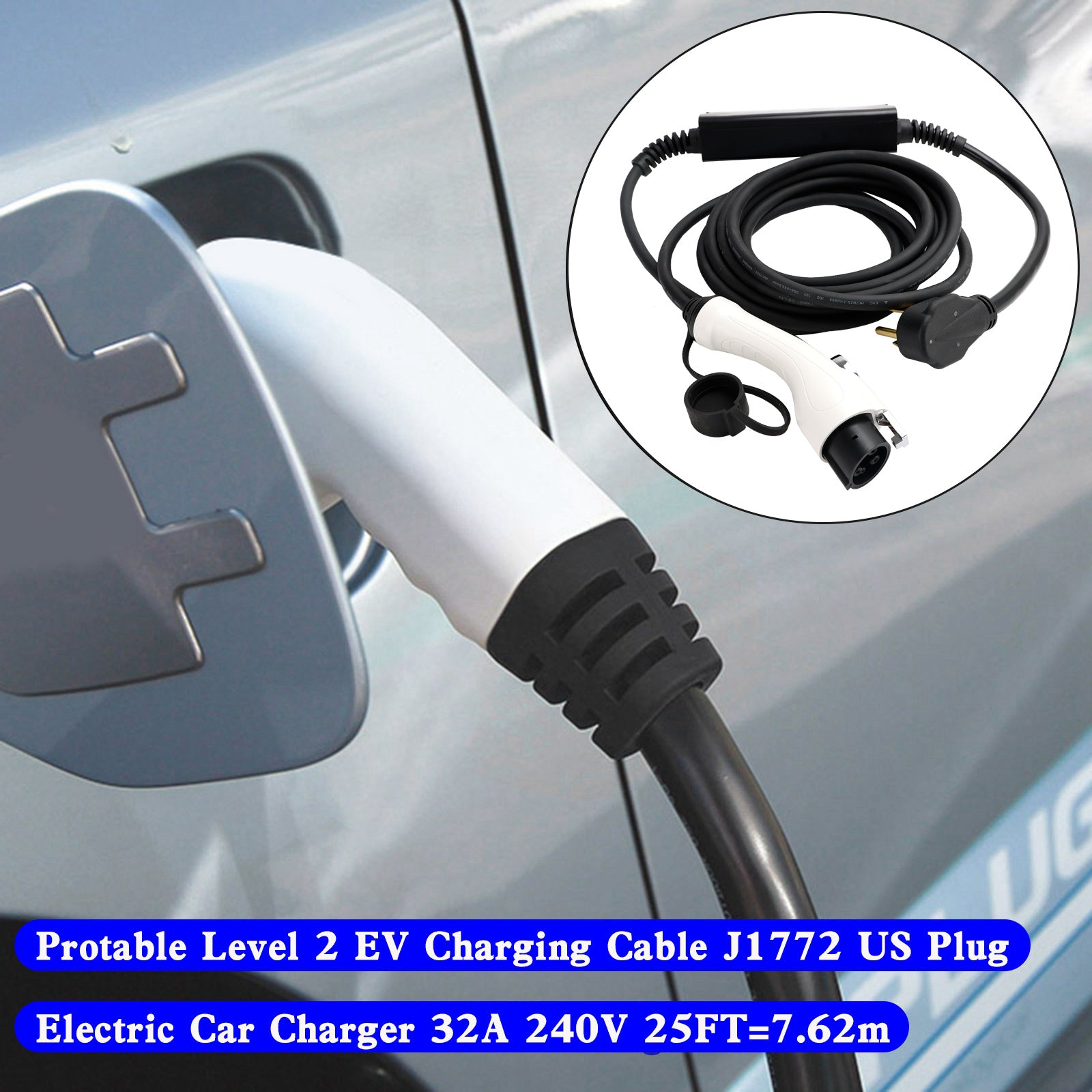 Cable de carga EV de 32A, 240V, J1772, cargador de coche eléctrico con enchufe estadounidense, 25 pies