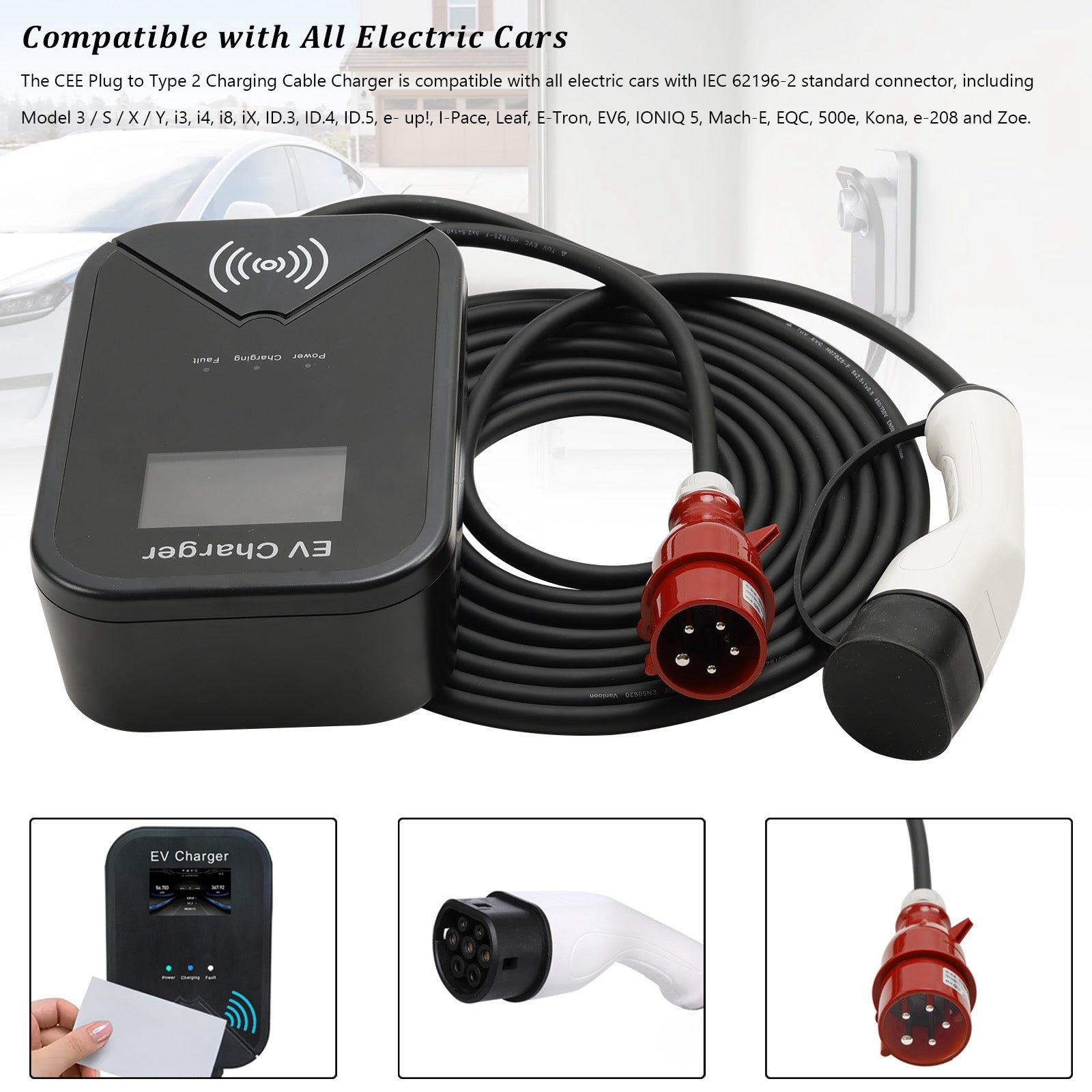 EV Charger Wallbox Type 2 32A 22KW CEE 3-Phase Plug Charging Station EV PHEV APP