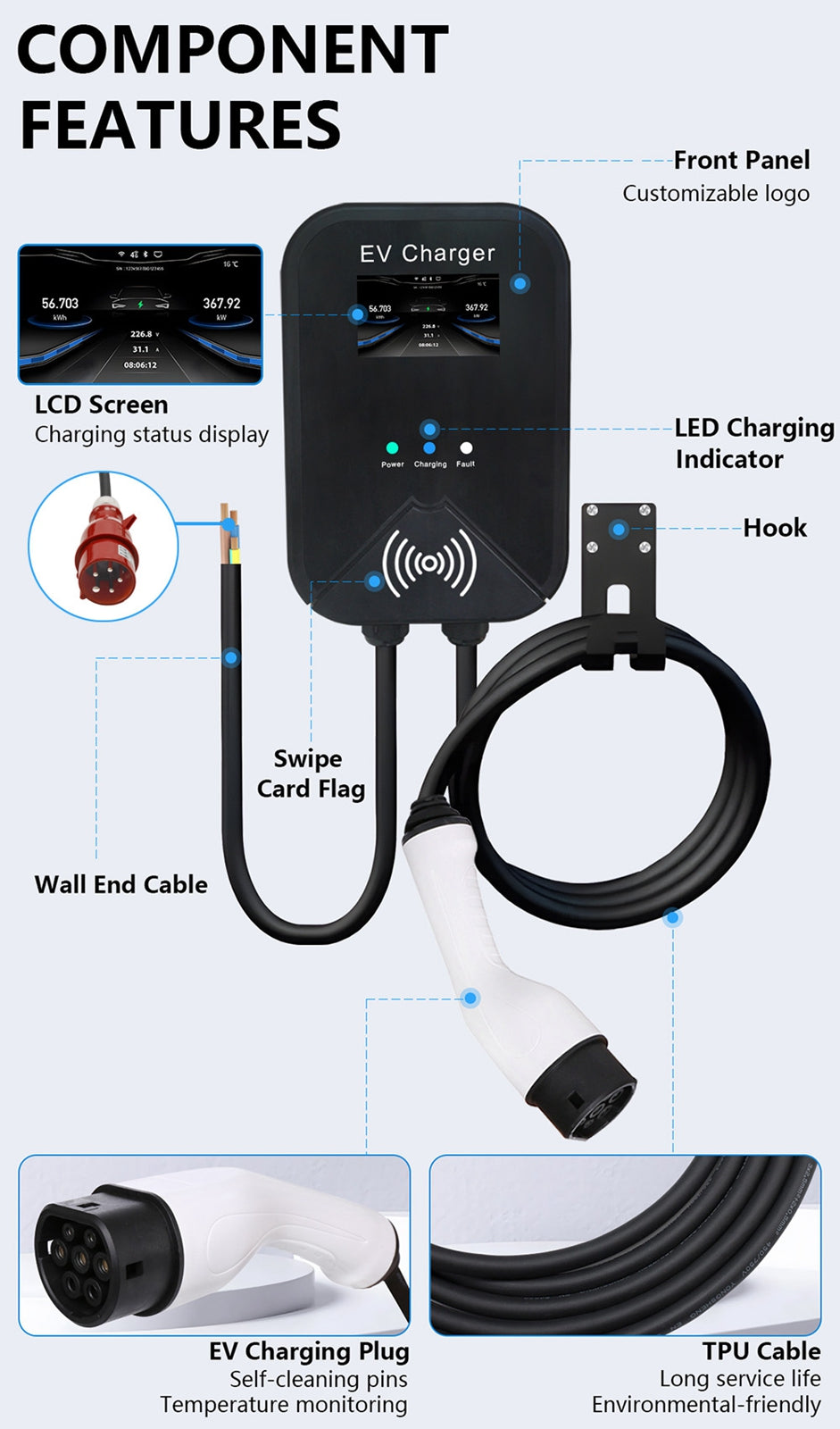 EV chargeur Wallbox Type 2 32A 22KW CEE prise triphasée Station de recharge EV PHEV APP