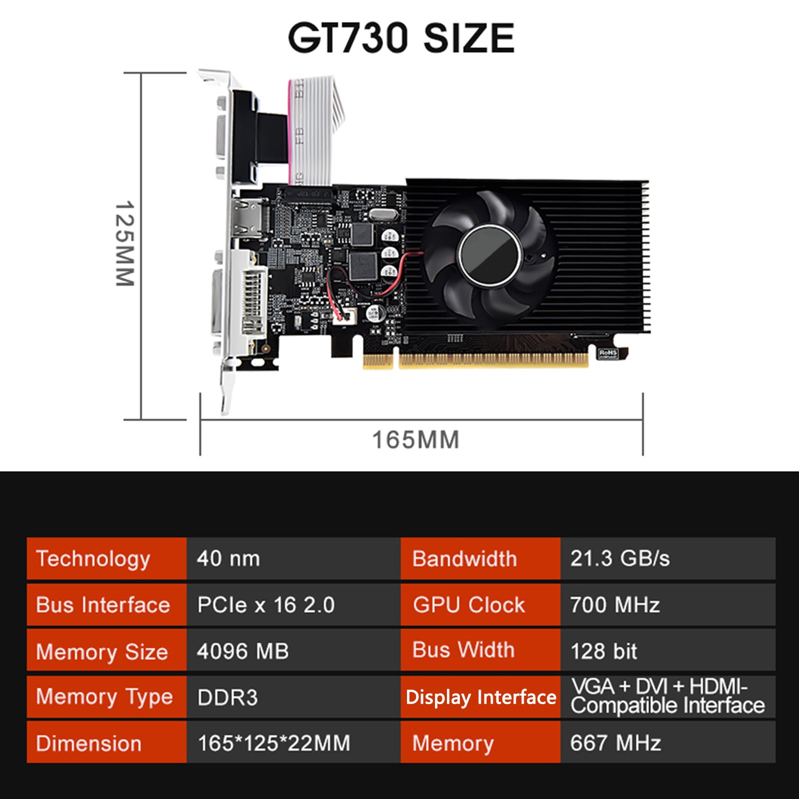 GT730 4G carte graphique GDDR3 bureau à domicile HD Interface d'affichage HDMI VGA DVI