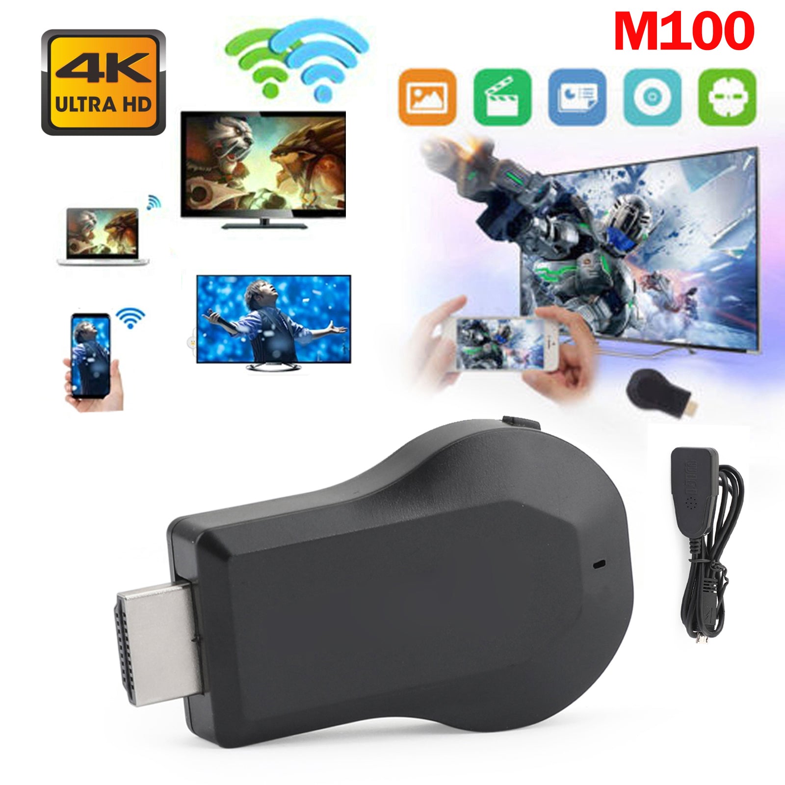 M100 True 4K TV Stick TV Streamer HDM WiFi récepteur de dongle sans fil