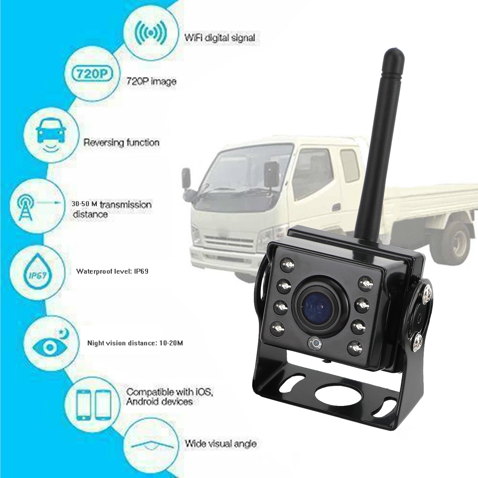 WiFi Wireless Car Truck RV Trailer Rear View Backup Camera CCTV For iOS Android