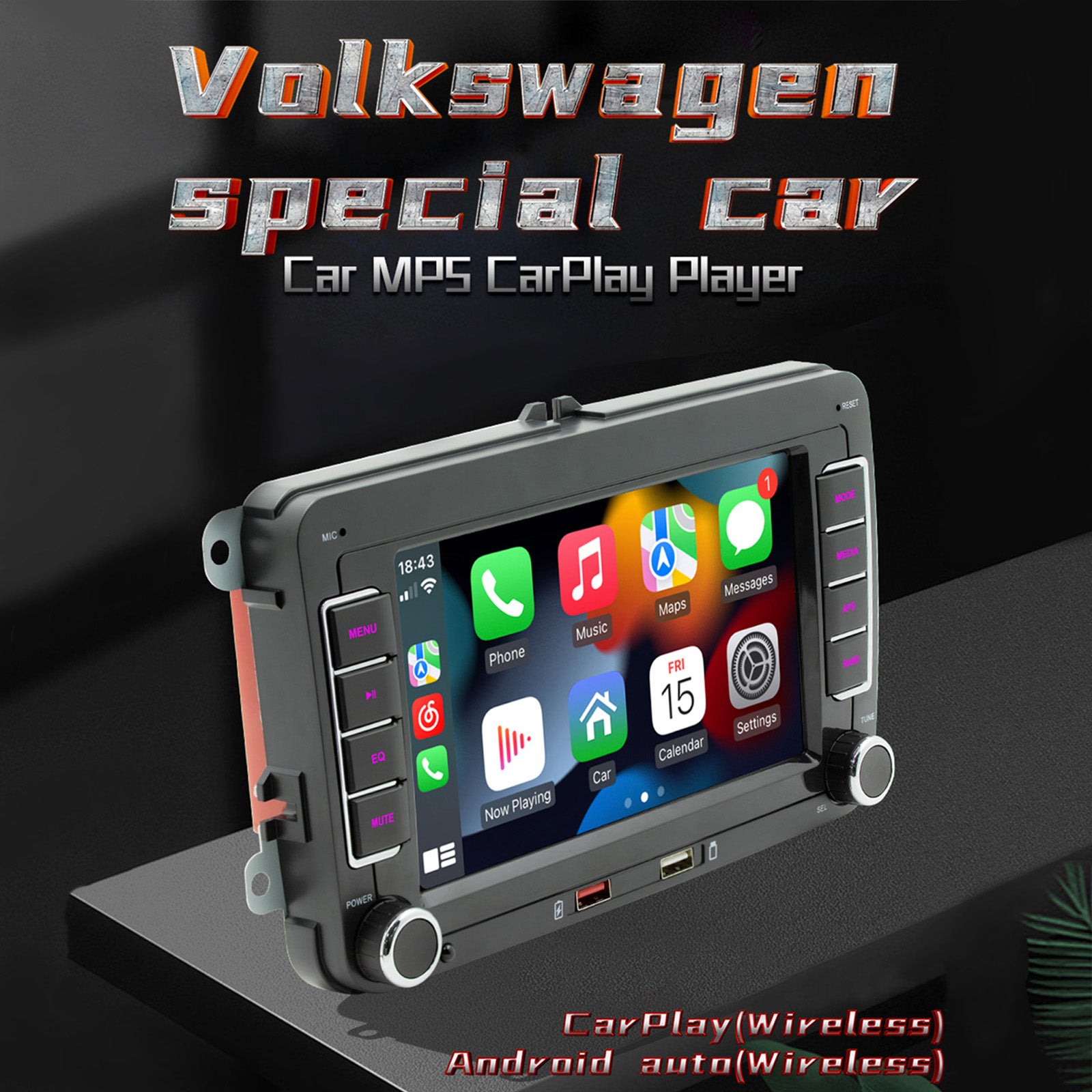 7 "Volkswagen Bluetooth-autoradio Auto MP5-speler Draadloos Carplay + 4 LED-camera