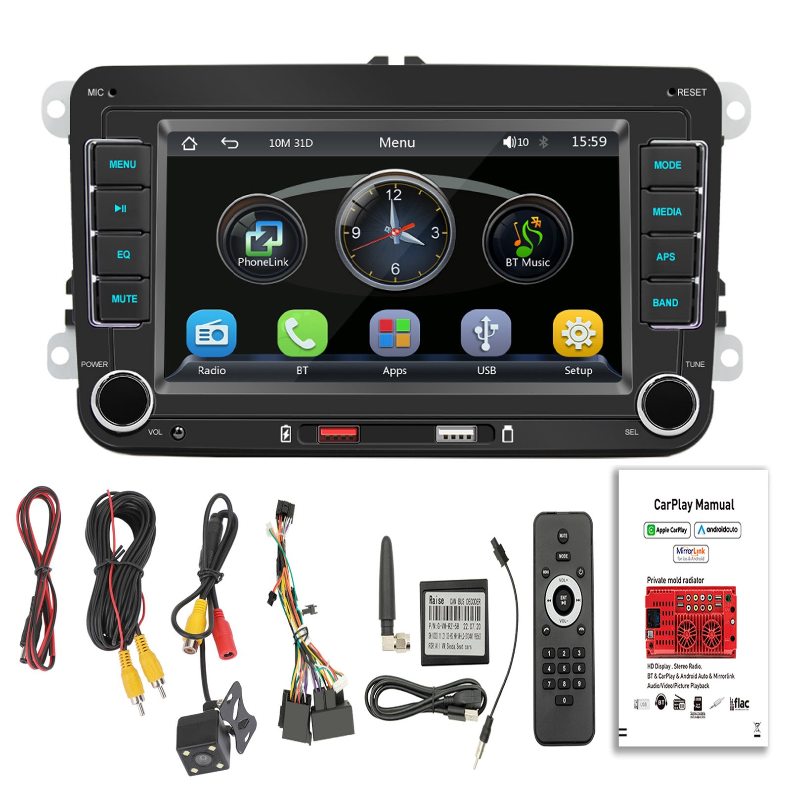 7 "Volkswagen Bluetooth-autoradio Auto MP5-speler Draadloos Carplay + 4 LED-camera