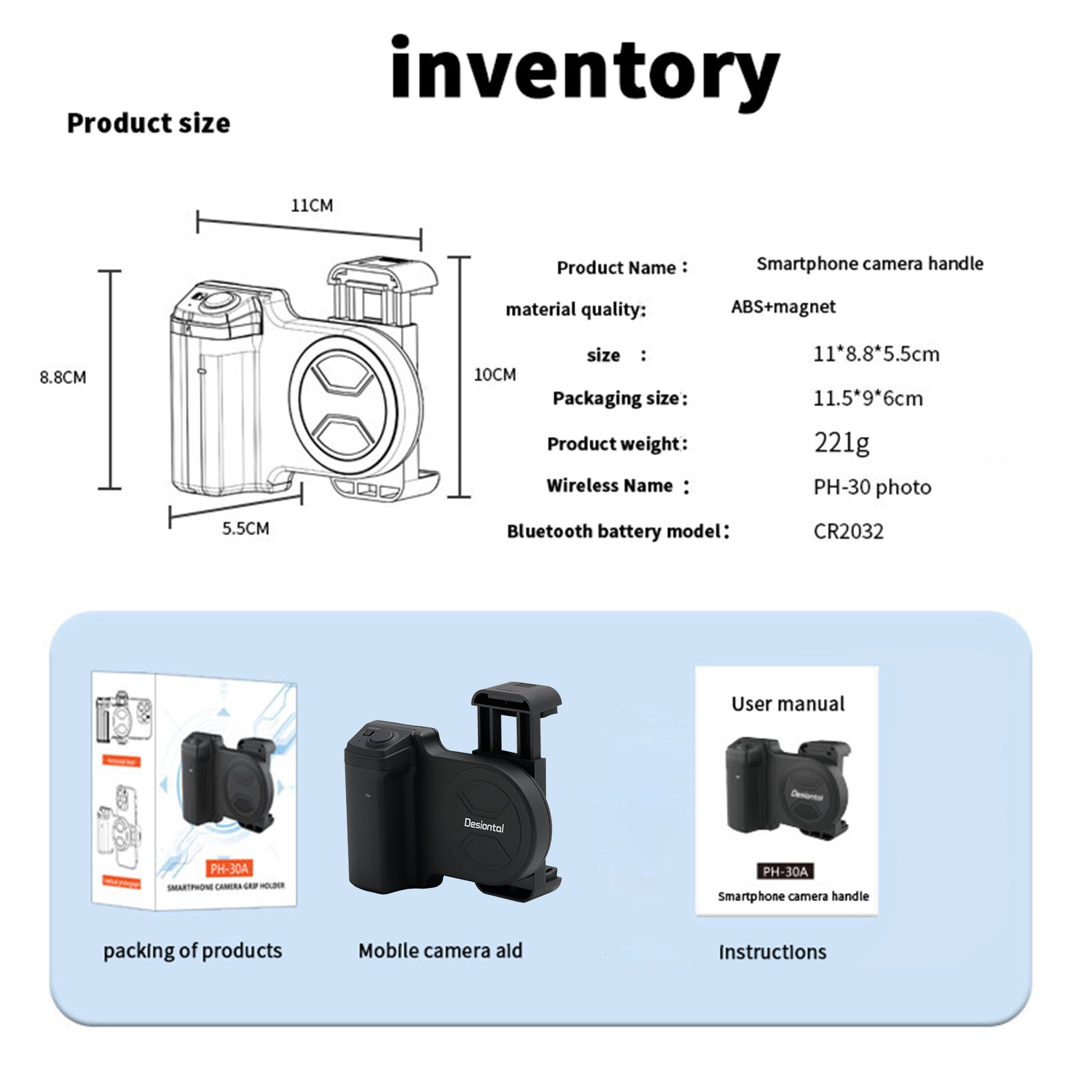 PH-30A Mobiltelefonklipp Modell Auktion Remote Control Camera Handle Stabilizer