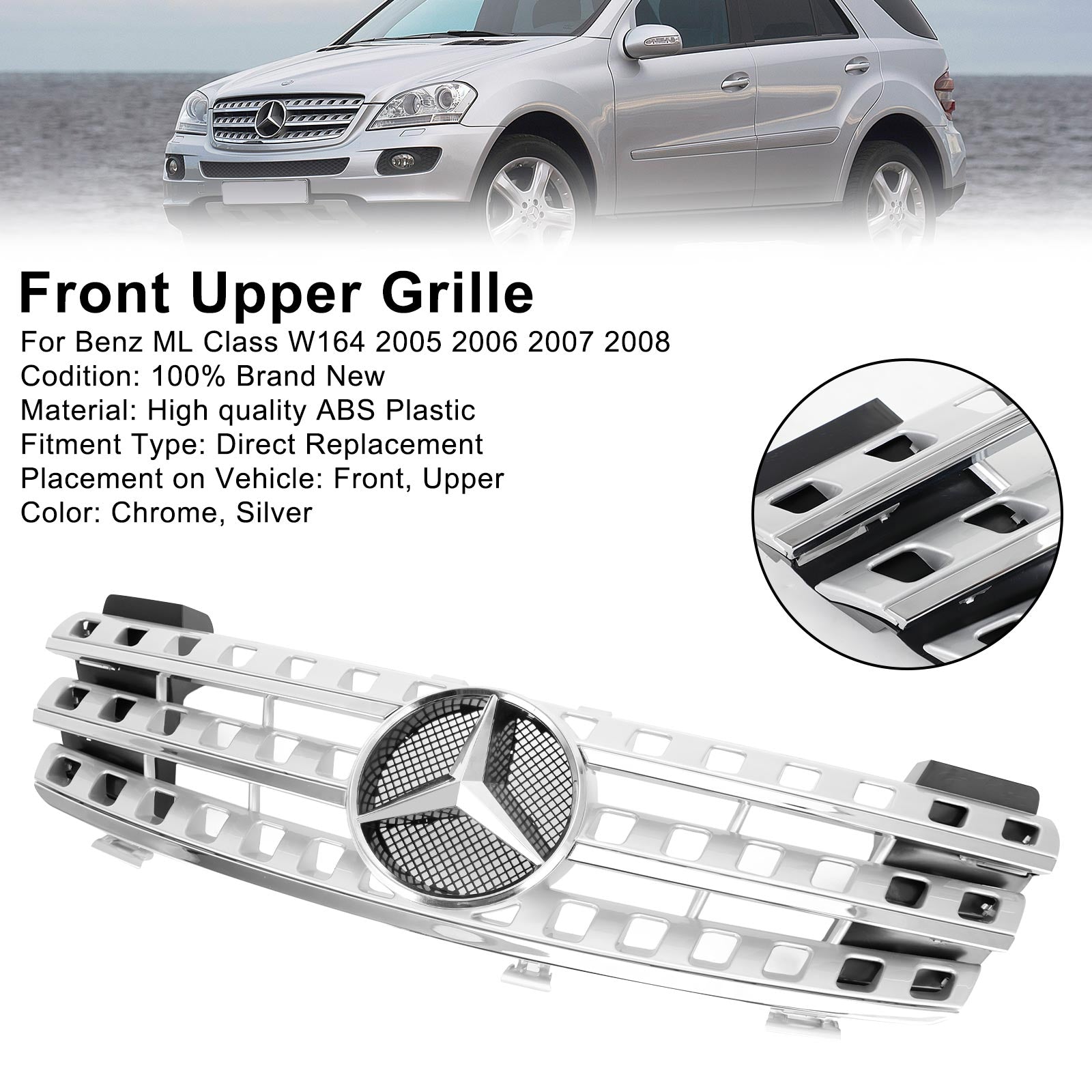 2005 2006 2007 2008 Mercedes-Benz ML-Class W164 Front Bumper Grille Grill Chrome