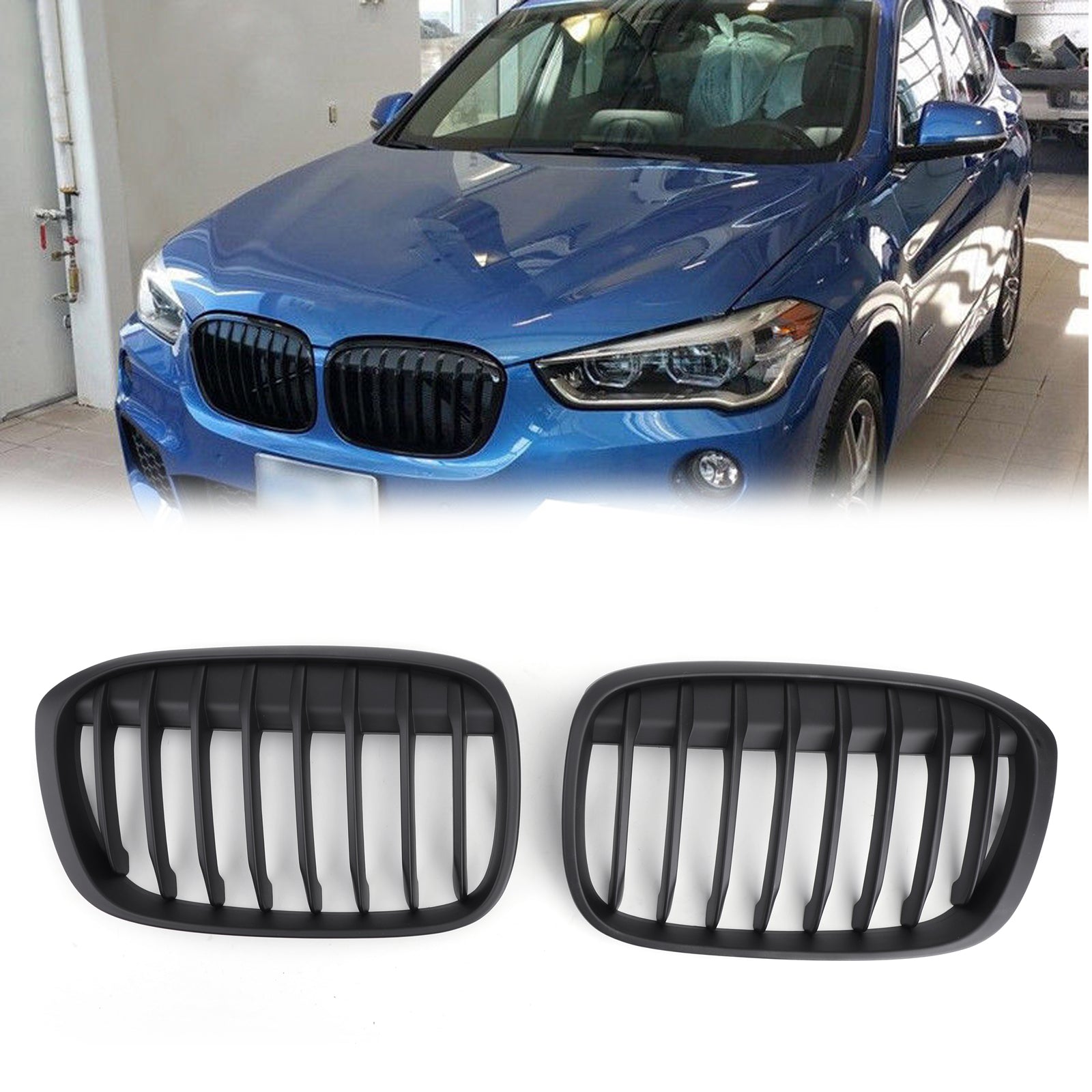 New Pair Front Kidney Grille Grill For BMW 2016+ F48 F49 X1 X-Series Black Generic