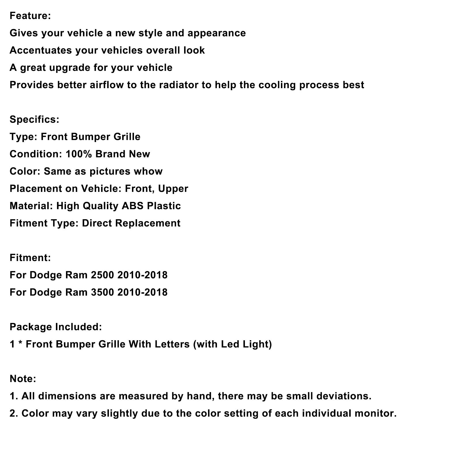 2010-2018 Dodge Ram 2500/3500 Laramie Limited W/ Led Light Front Bumper Grille